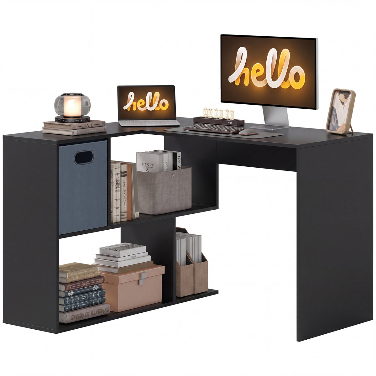 110 cm L-Shaped Desk, Small Computer Desk with Fabric Drawer and Storage Shelves for Home Office, Study, Black