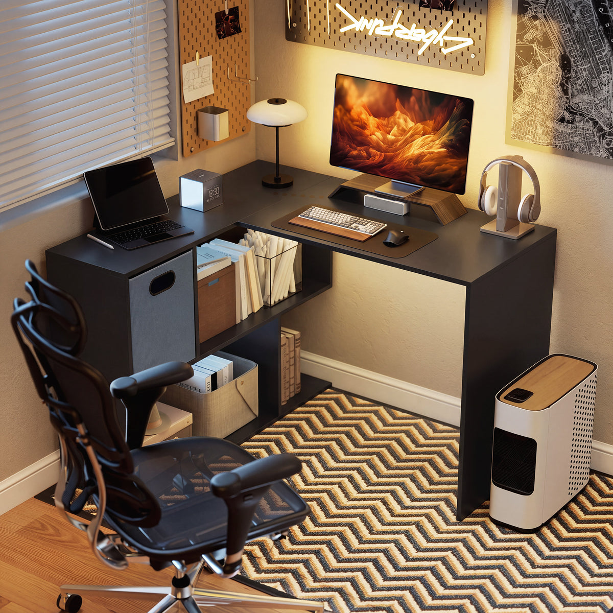 110 cm L-Shaped Desk, Small Computer Desk with Fabric Drawer and Storage Shelves for Home Office, Study, Black