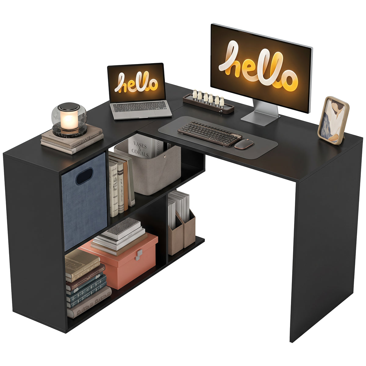 110 cm L-Shaped Desk, Small Computer Desk with Fabric Drawer and Storage Shelves for Home Office, Study, Black