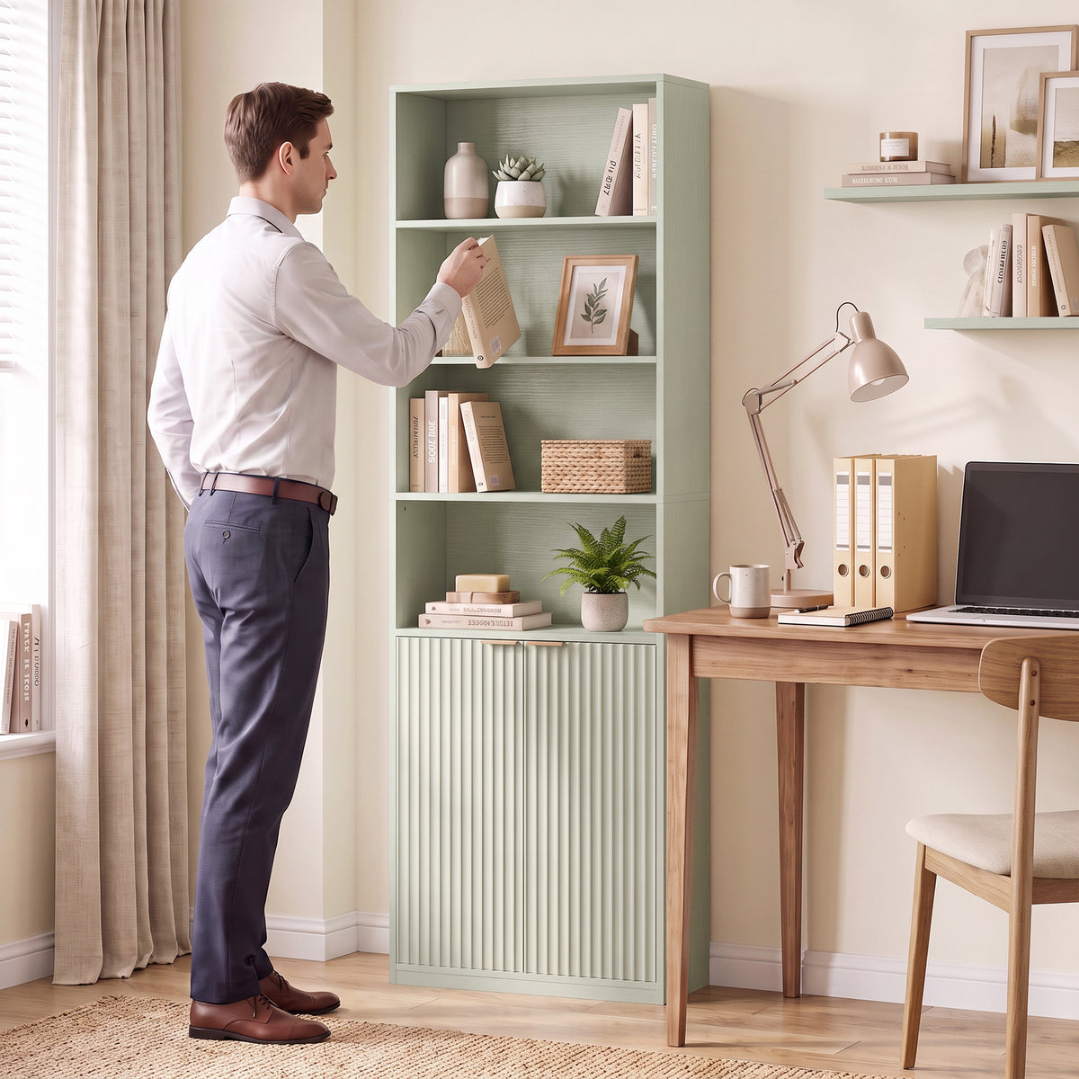Slim Bookcase, 6-Tier Tall Bookshelf, Freestanding Shelving Unit with Cabinet, Adjustable Shelf, 60 x 24 x 182 cm for Living Room, Study, Home Office, Light Green