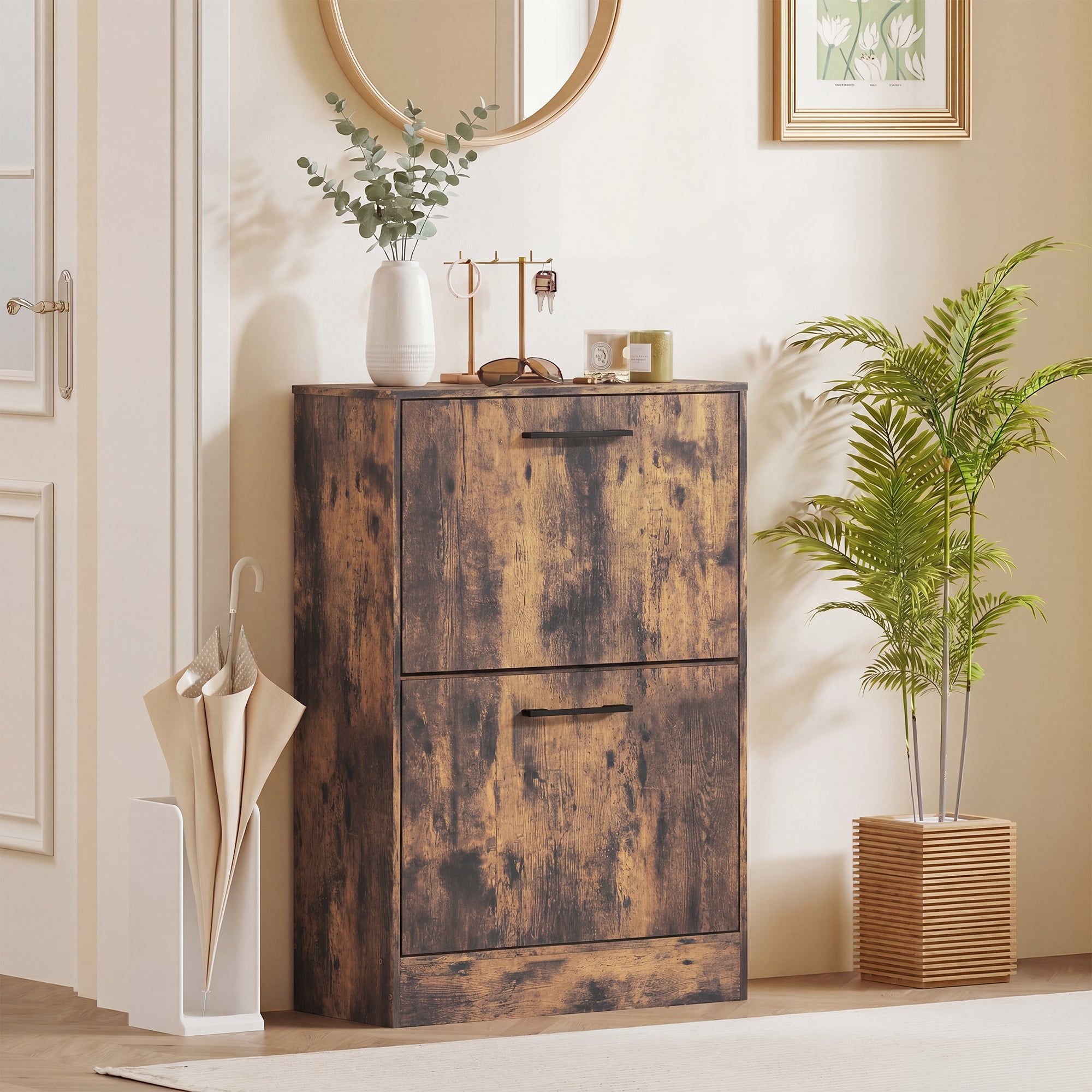 Shoe Cabinet with 2 Flip Drawers, Modern Narrow Shoe Storage Cabinet with Adjustable Dividers, Entryway Storage Unit for up to 12 Pairs for Hallway, Living Room, Rustic Brown