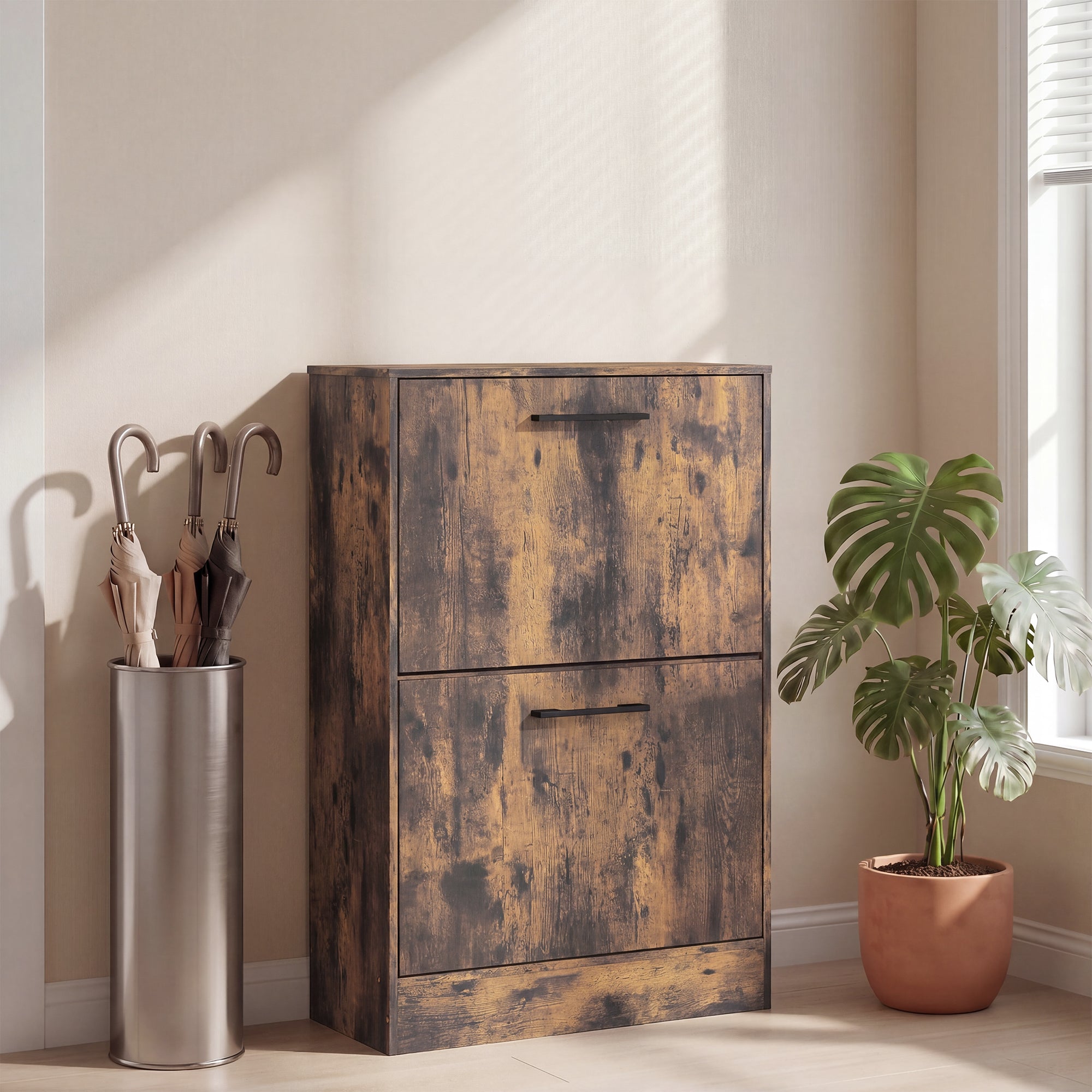 Shoe Cabinet with 2 Flip Drawers, Modern Narrow Shoe Storage Cabinet with Adjustable Dividers, Entryway Storage Unit for up to 12 Pairs for Hallway, Living Room, Rustic Brown