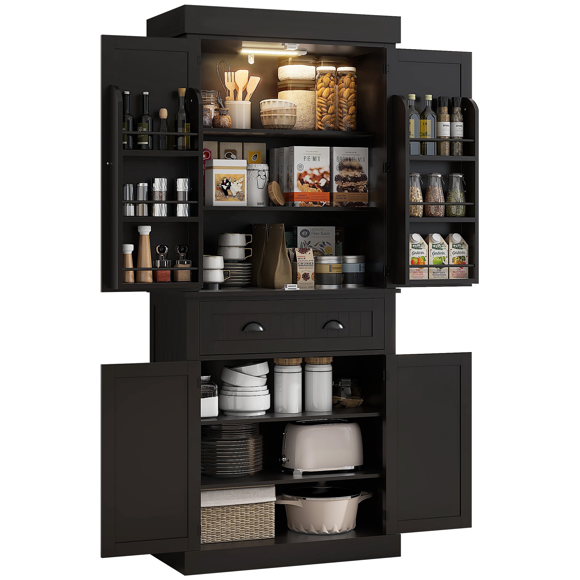 71" Kitchen Pantry Cabinet with LED Lights, 6 Door Shelves, a Drawer and 4 Adjustable Shelves, Black