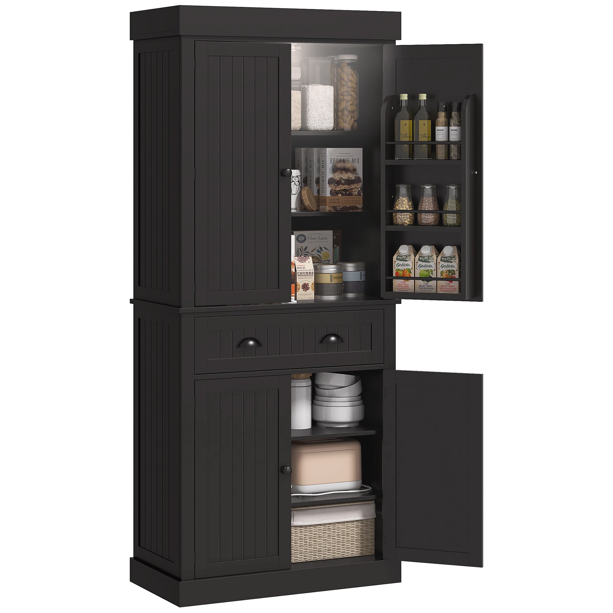 71" Kitchen Pantry Cabinet with LED Lights, 6 Door Shelves, a Drawer and 4 Adjustable Shelves, Black