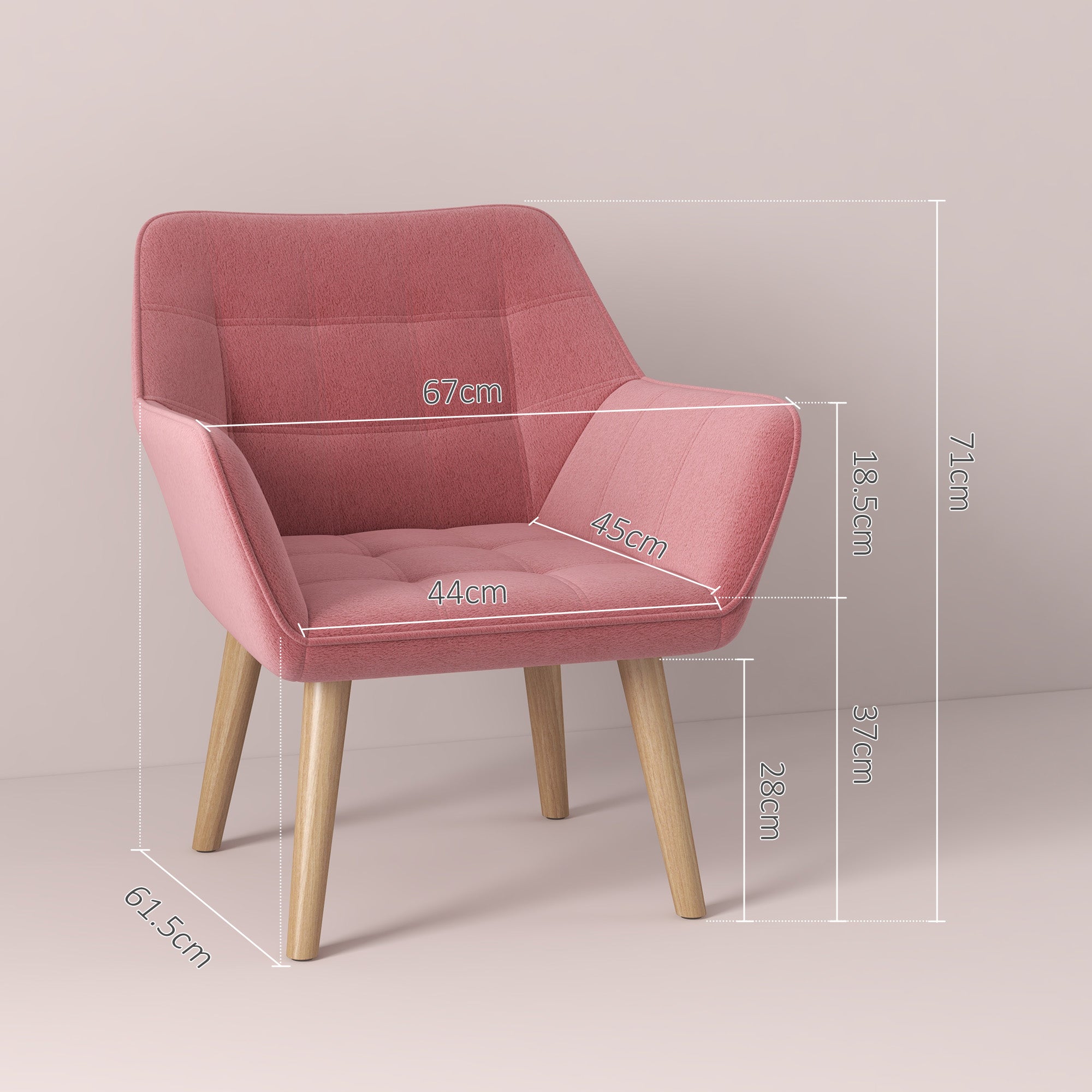 HOMCOM Armchair Accent Chair, Vanity Chair with Wide Arms, Slanted Back, Padding, Metal Frame, Wooden Legs, Home Bedroom Furniture Seating, Pink