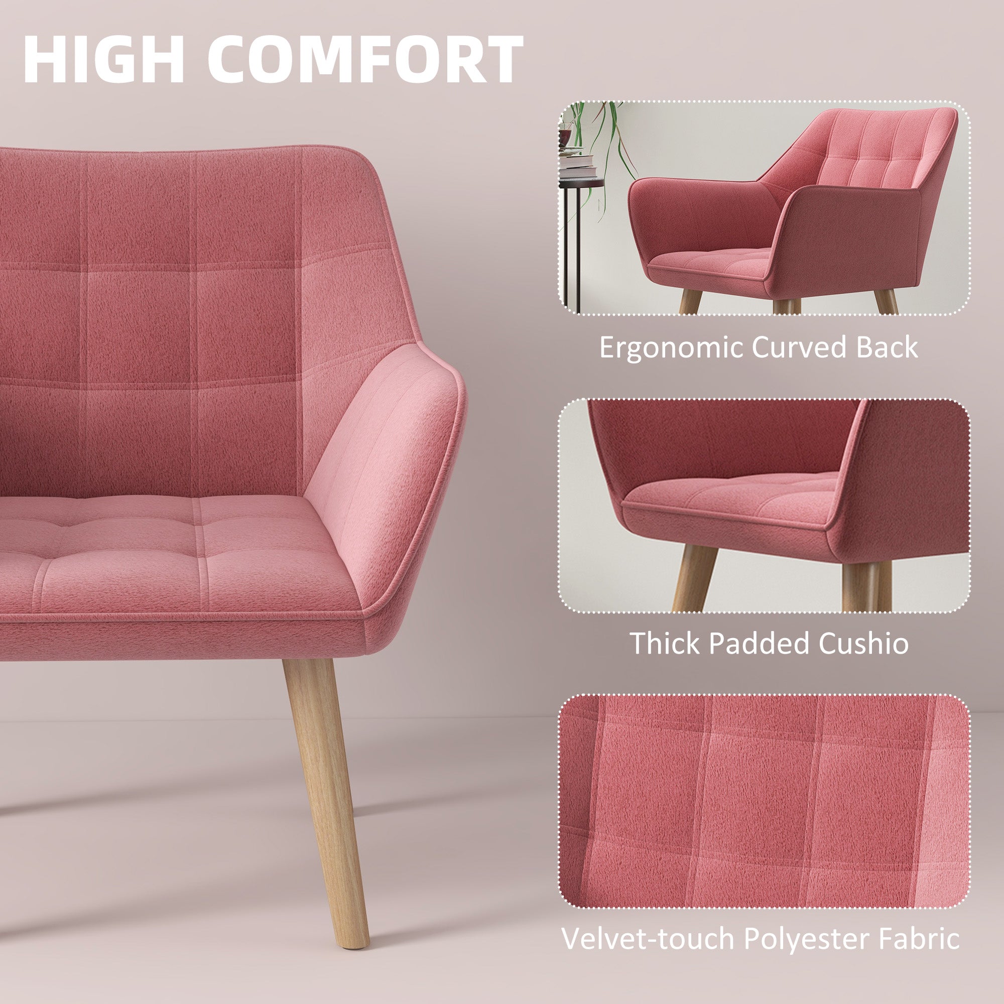 HOMCOM Armchair Accent Chair, Vanity Chair with Wide Arms, Slanted Back, Padding, Metal Frame, Wooden Legs, Home Bedroom Furniture Seating, Pink