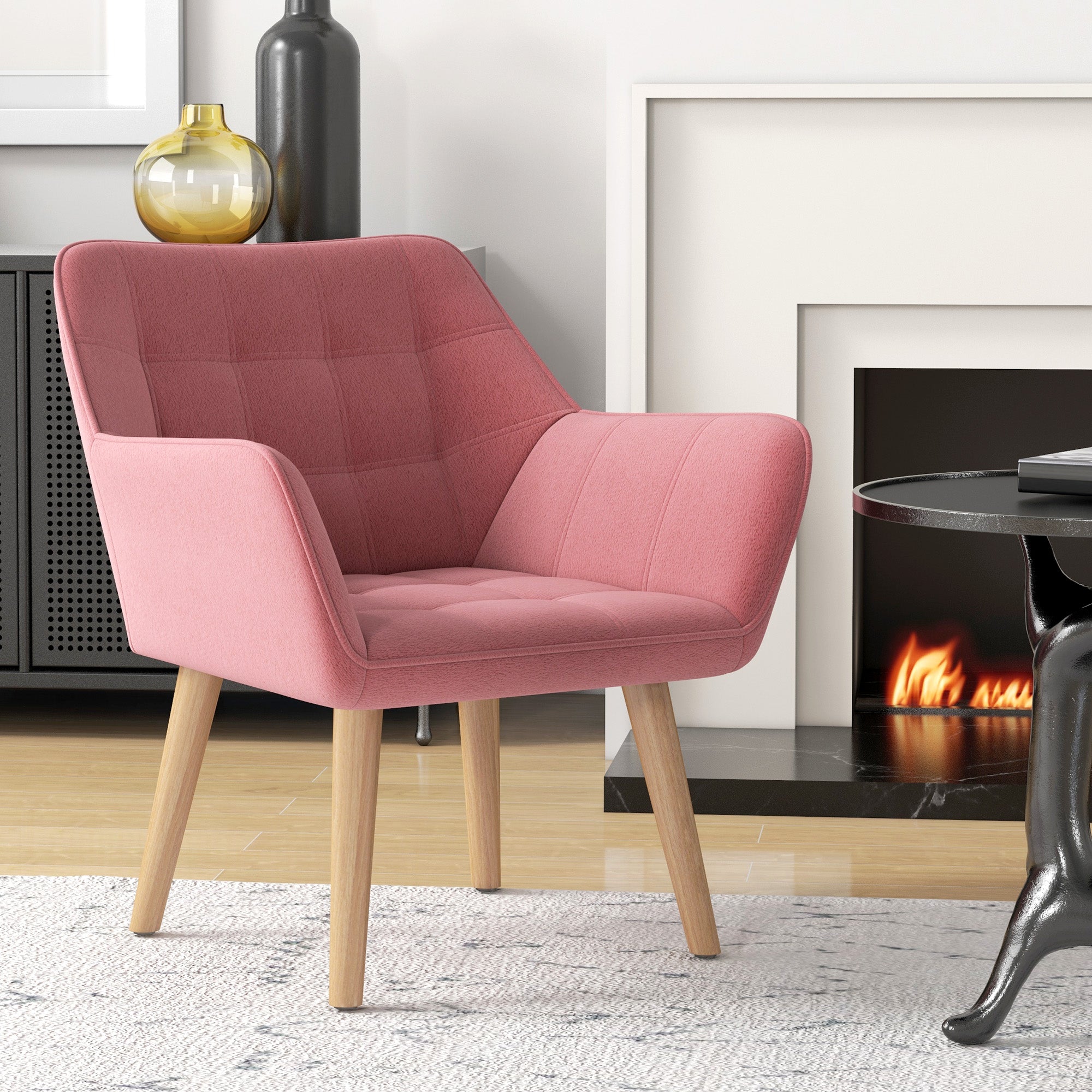 HOMCOM Armchair Accent Chair, Vanity Chair with Wide Arms, Slanted Back, Padding, Metal Frame, Wooden Legs, Home Bedroom Furniture Seating, Pink