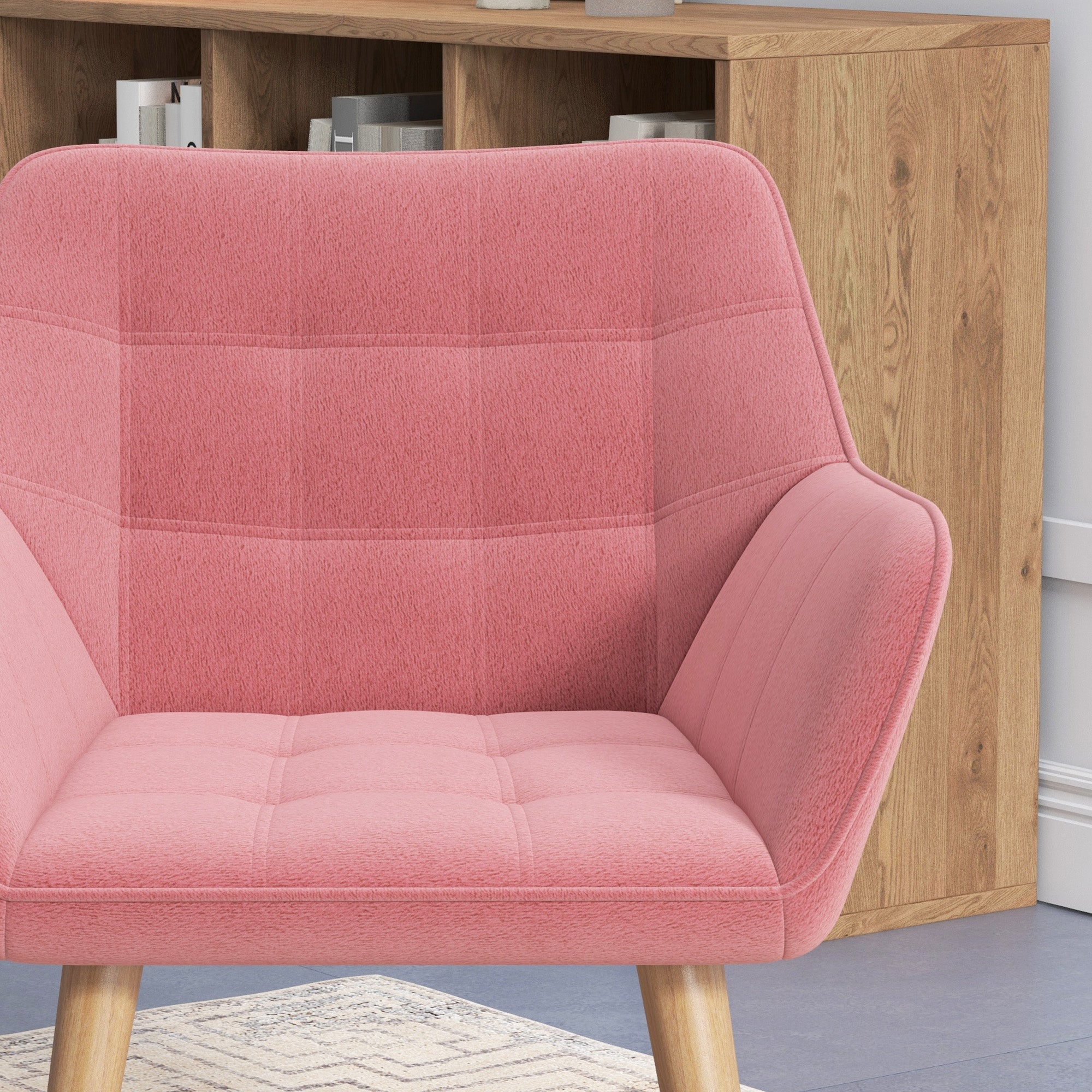 HOMCOM Armchair Accent Chair, Vanity Chair with Wide Arms, Slanted Back, Padding, Metal Frame, Wooden Legs, Home Bedroom Furniture Seating, Pink