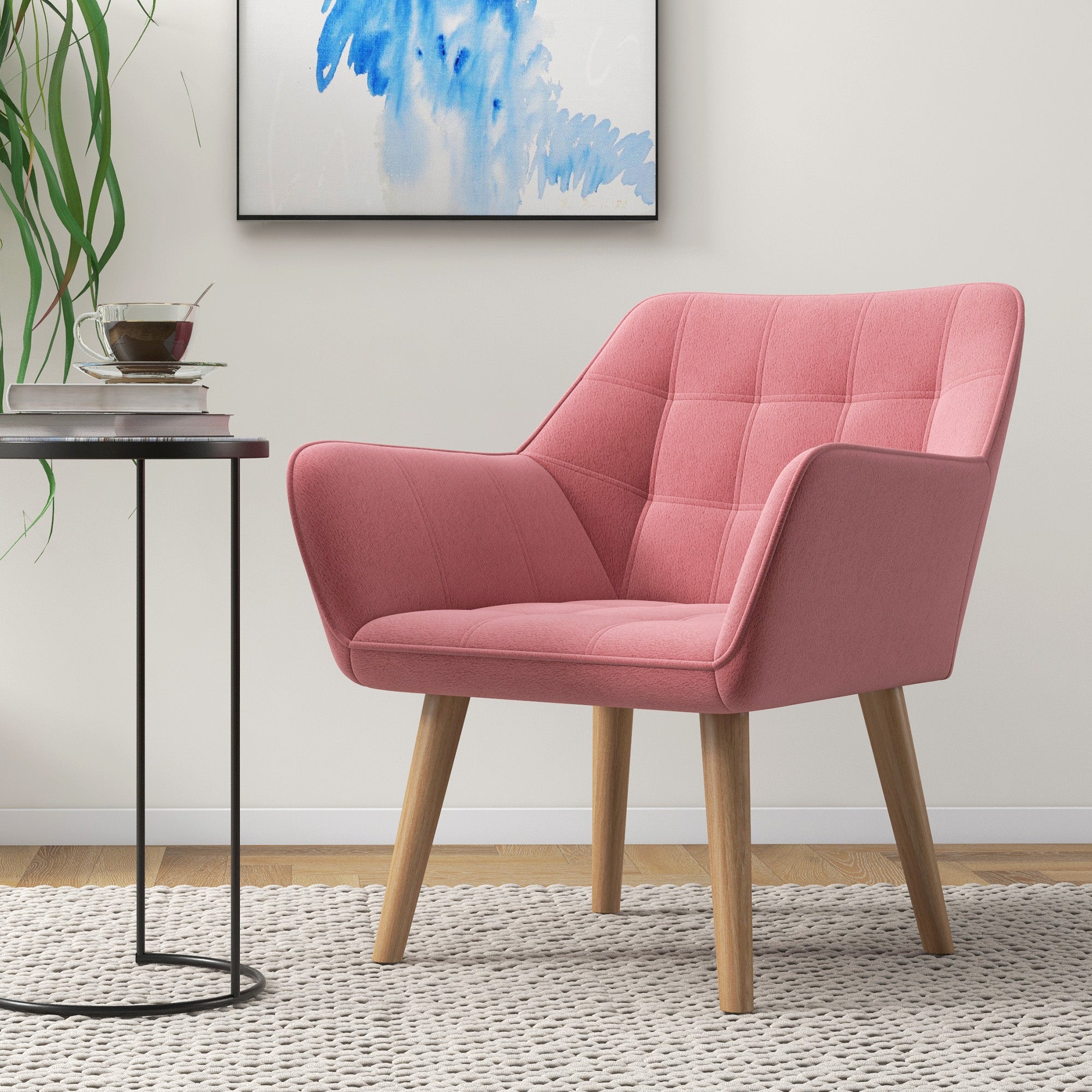 HOMCOM Armchair Accent Chair, Vanity Chair with Wide Arms, Slanted Back, Padding, Metal Frame, Wooden Legs, Home Bedroom Furniture Seating, Pink
