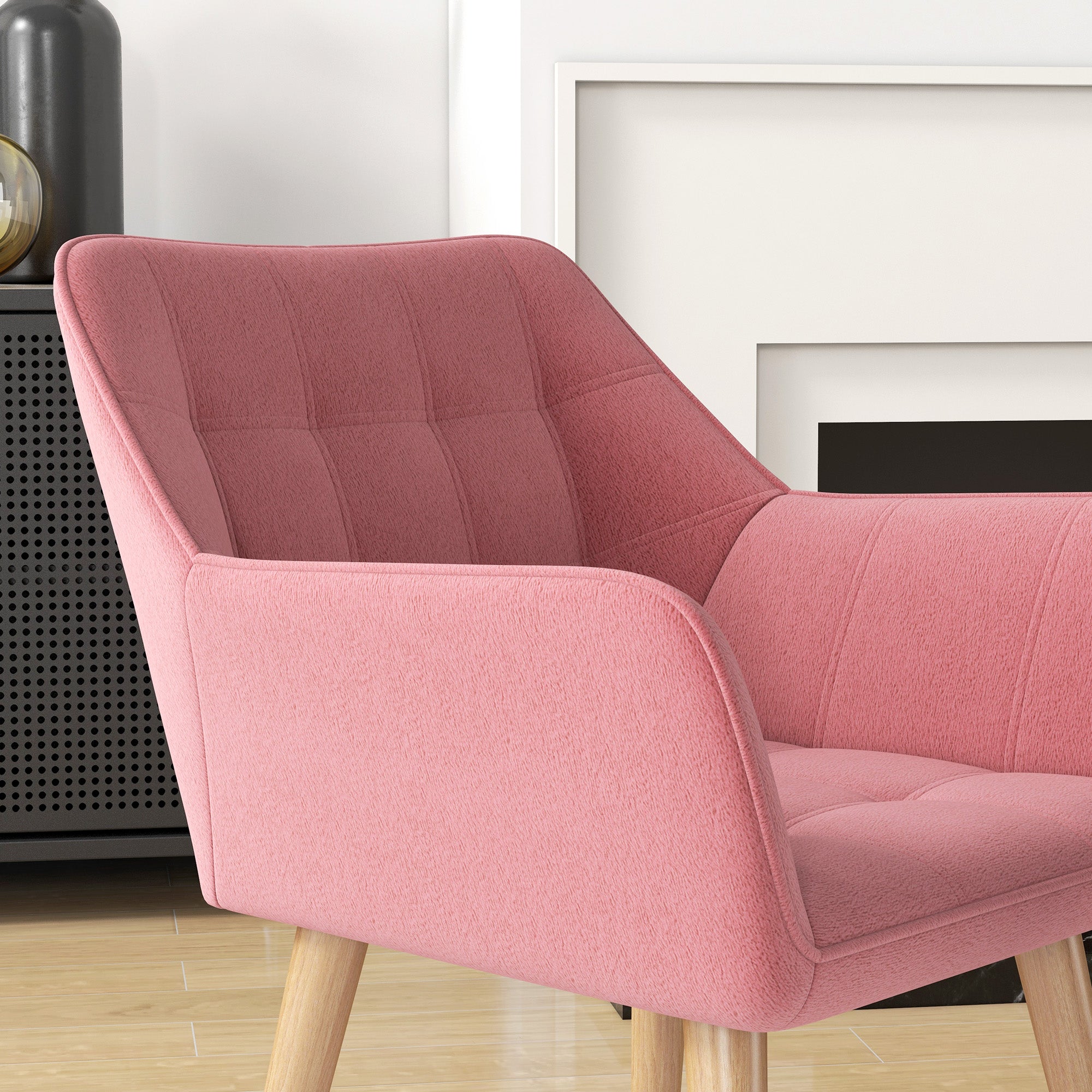HOMCOM Armchair Accent Chair, Vanity Chair with Wide Arms, Slanted Back, Padding, Metal Frame, Wooden Legs, Home Bedroom Furniture Seating, Pink