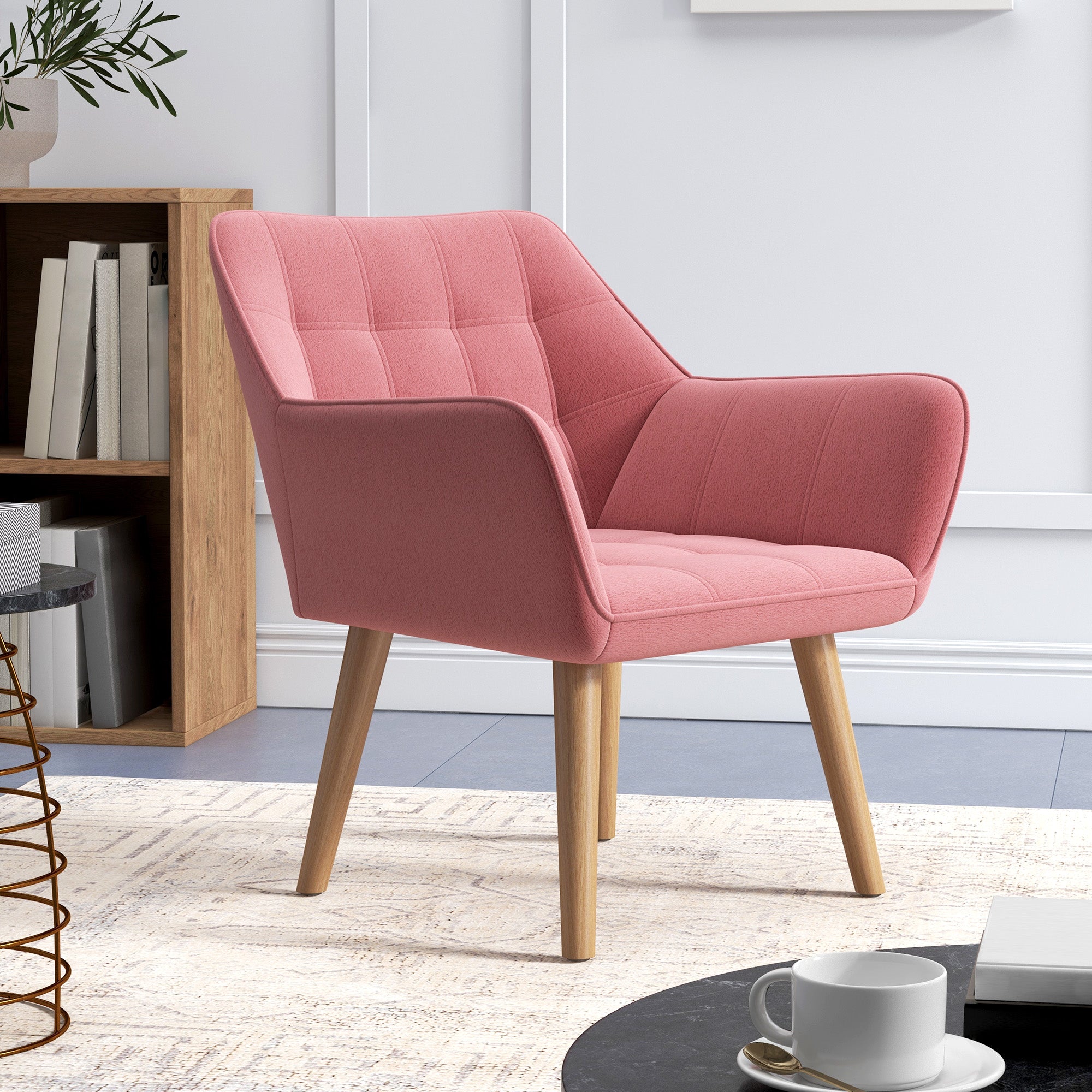 HOMCOM Armchair Accent Chair, Vanity Chair with Wide Arms, Slanted Back, Padding, Metal Frame, Wooden Legs, Home Bedroom Furniture Seating, Pink