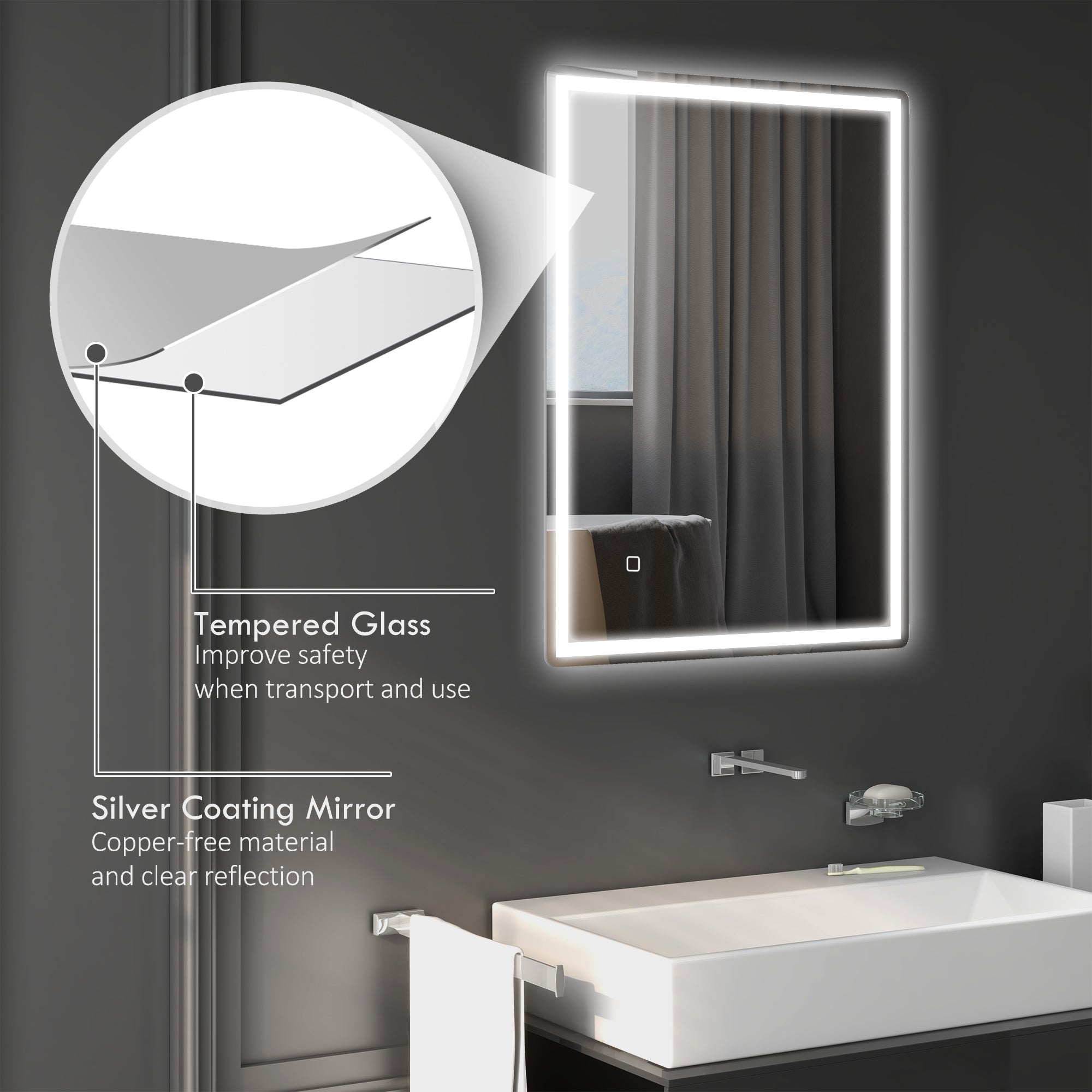 32" x 24" Bathroom Mirror with LED Lights Dimmable Makeup Mirror Smart Touch Anti Fog