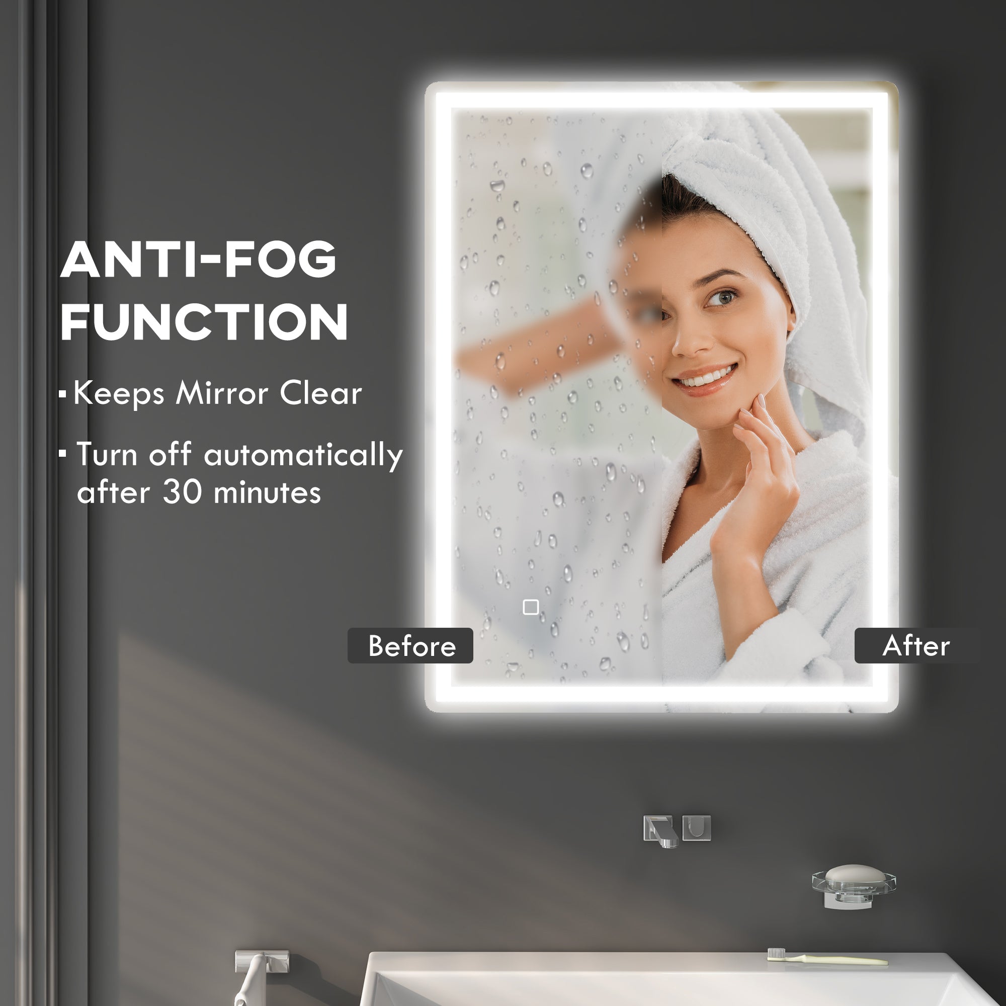 32" x 24" Bathroom Mirror with LED Lights Dimmable Makeup Mirror Smart Touch Anti Fog