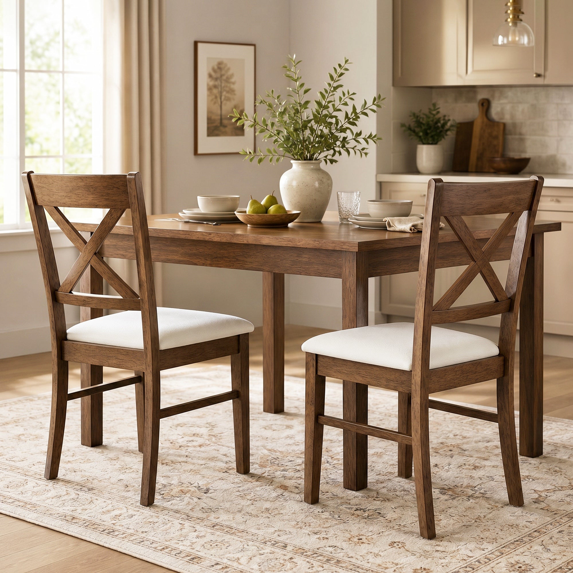 Dining Chairs Set of 2, Upholstered Kitchen Chairs with Rubberwood Frame, Padded Seat and X-Back for Living Room, Dining Room, Kitchen, Walnut
