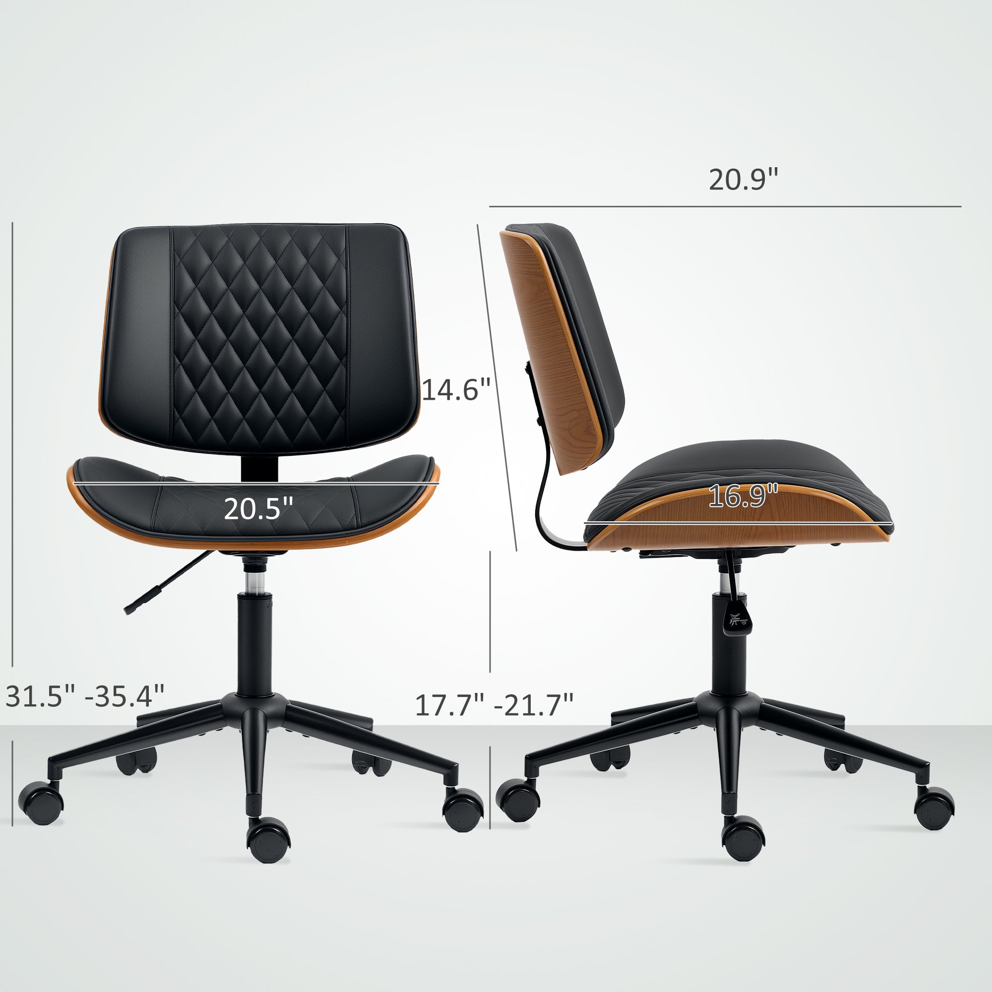 Home Office Chair No Arms with Wheels, PU Leather Mid Back Small Desk Chair with Adjustable Height, 360 Degree Swivel for Office, Reading, Meeting Room, Black