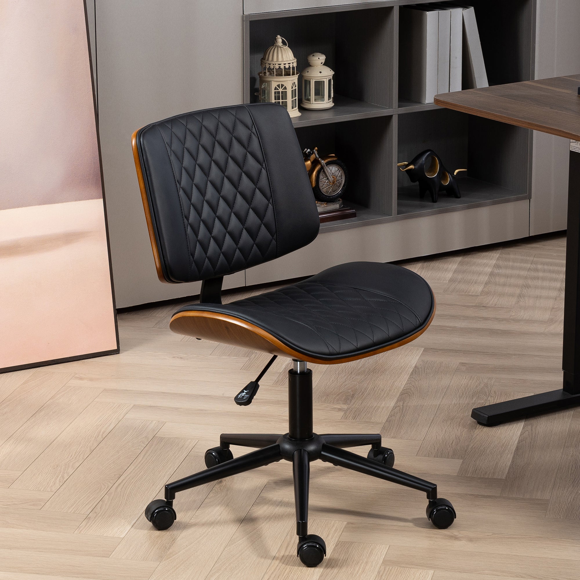 Home Office Chair No Arms with Wheels, PU Leather Mid Back Small Desk Chair with Adjustable Height, 360 Degree Swivel for Office, Reading, Meeting Room, Black