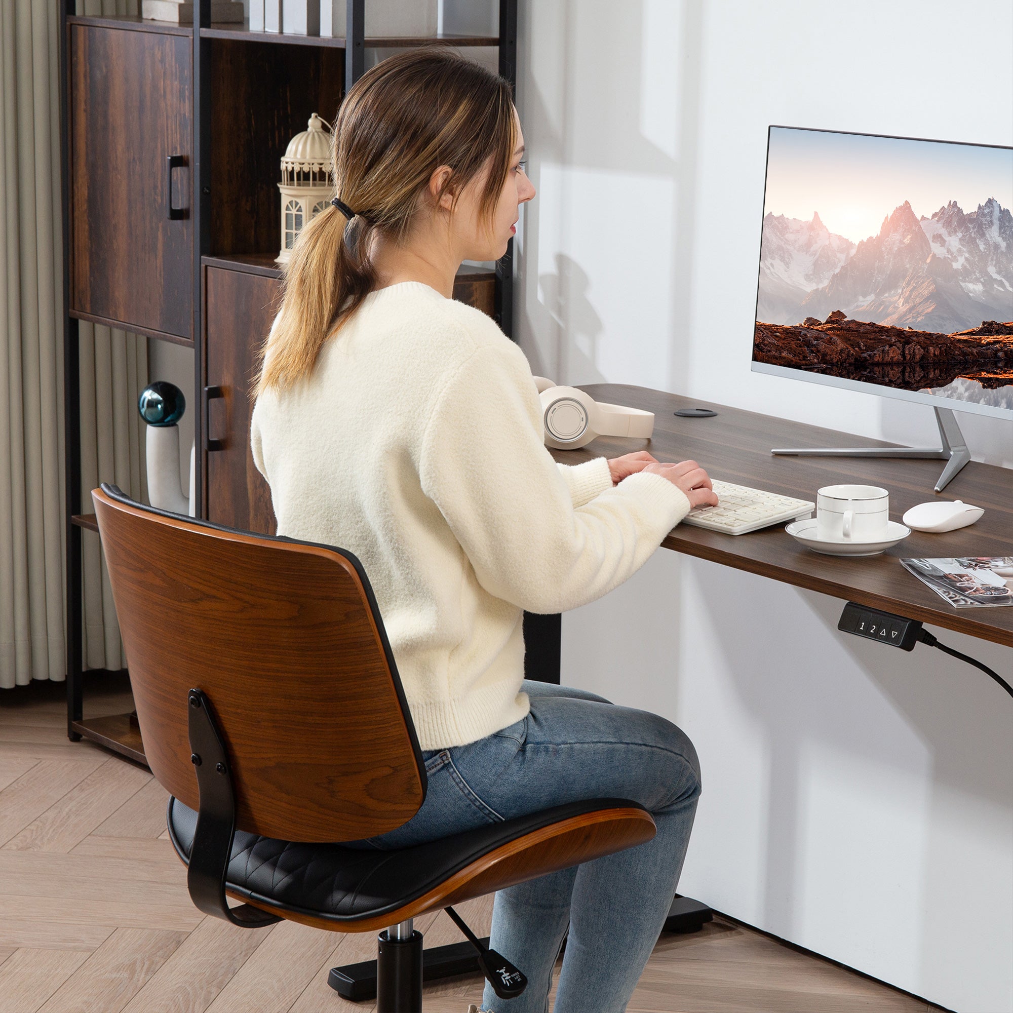 Home Office Chair No Arms with Wheels, PU Leather Mid Back Small Desk Chair with Adjustable Height, 360 Degree Swivel for Office, Reading, Meeting Room, Black