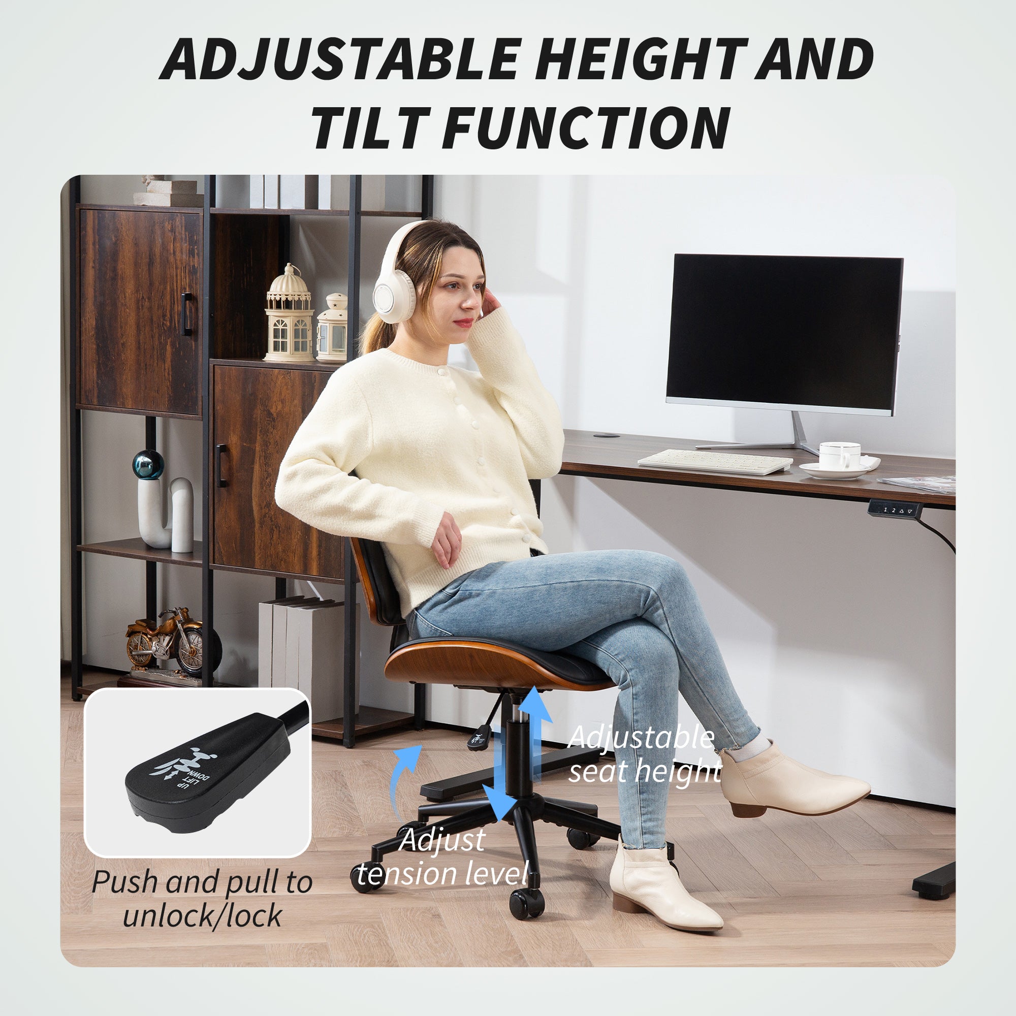 Home Office Chair No Arms with Wheels, PU Leather Mid Back Small Desk Chair with Adjustable Height, 360 Degree Swivel for Office, Reading, Meeting Room, Black