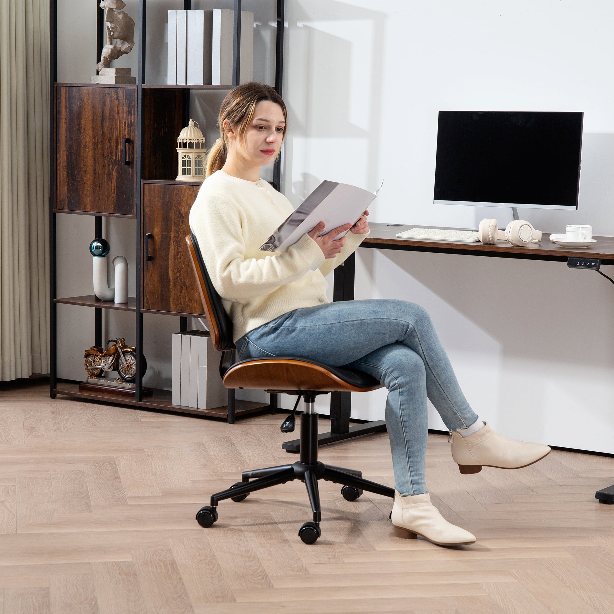 Home Office Chair No Arms with Wheels, PU Leather Mid Back Small Desk Chair with Adjustable Height, 360 Degree Swivel for Office, Reading, Meeting Room, Black