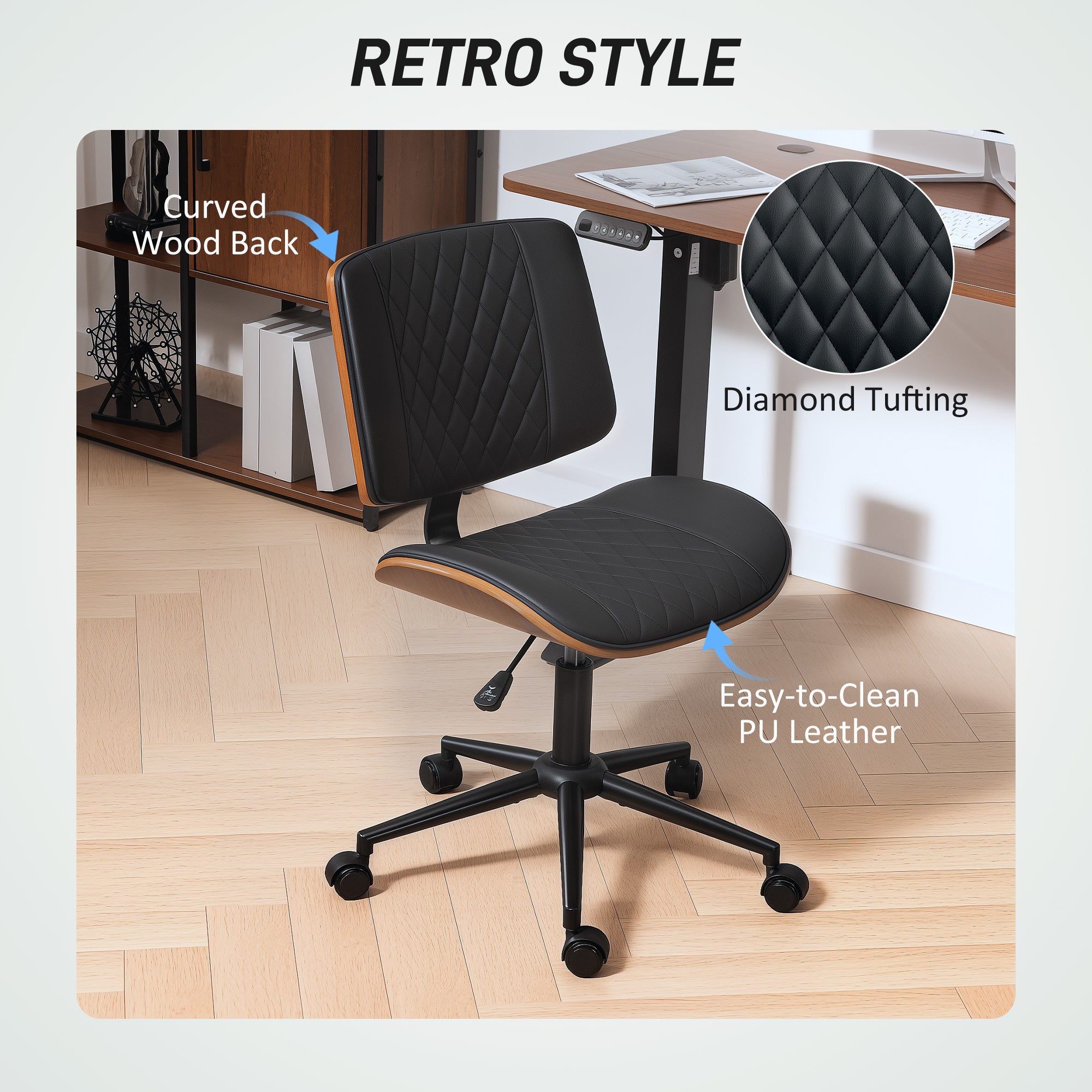 Home Office Chair No Arms with Wheels, PU Leather Mid Back Small Desk Chair with Adjustable Height, 360 Degree Swivel for Office, Reading, Meeting Room, Black