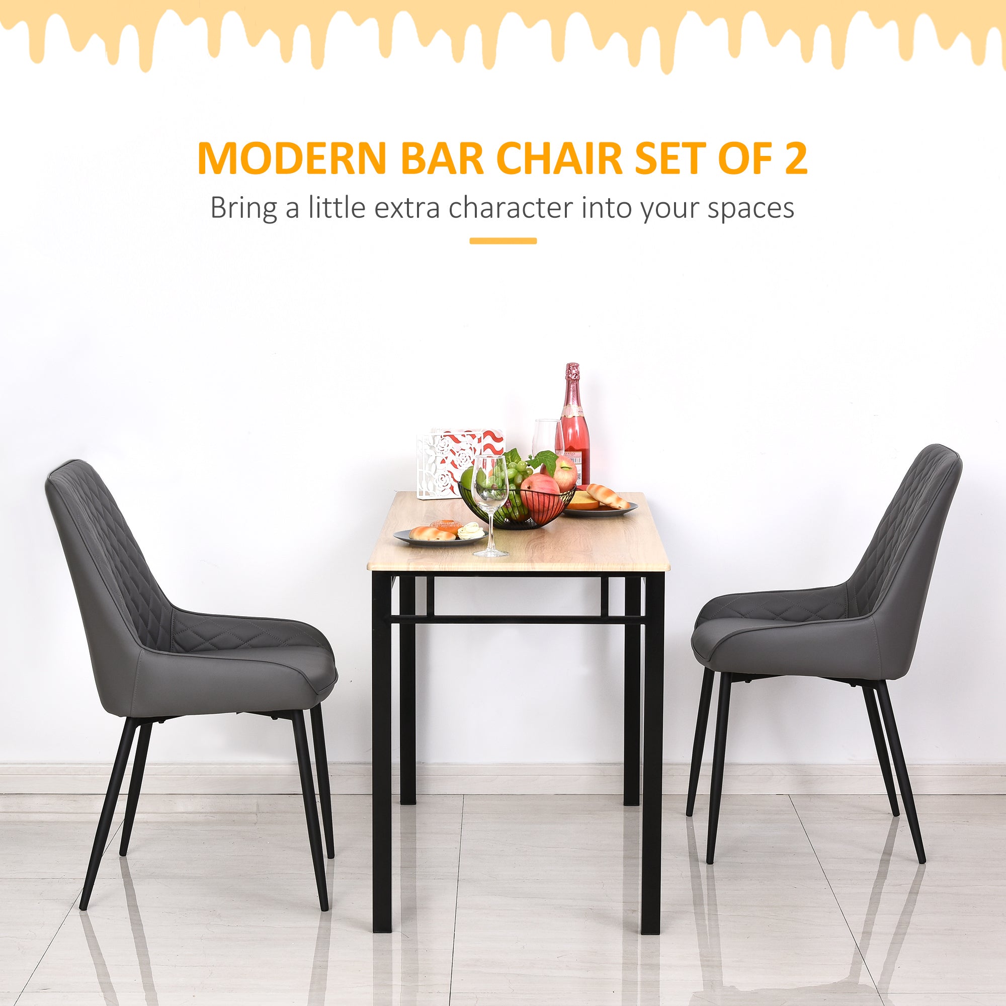 HOMCOM Dining Chairs Set of 2, Modern PU Leather Upholstered Kitchen Chairs with Diamond Tufted Backs and Steel Legs for Living Room, Dining Room, Bedroom, Grey