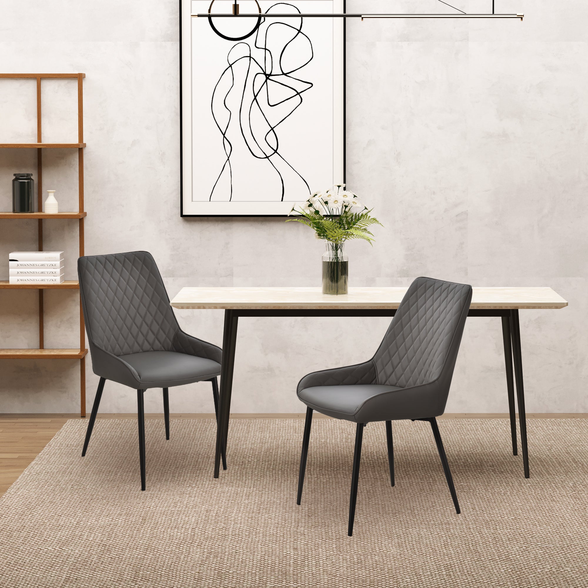 HOMCOM Dining Chairs Set of 2, Modern PU Leather Upholstered Kitchen Chairs with Diamond Tufted Backs and Steel Legs for Living Room, Dining Room, Bedroom, Grey