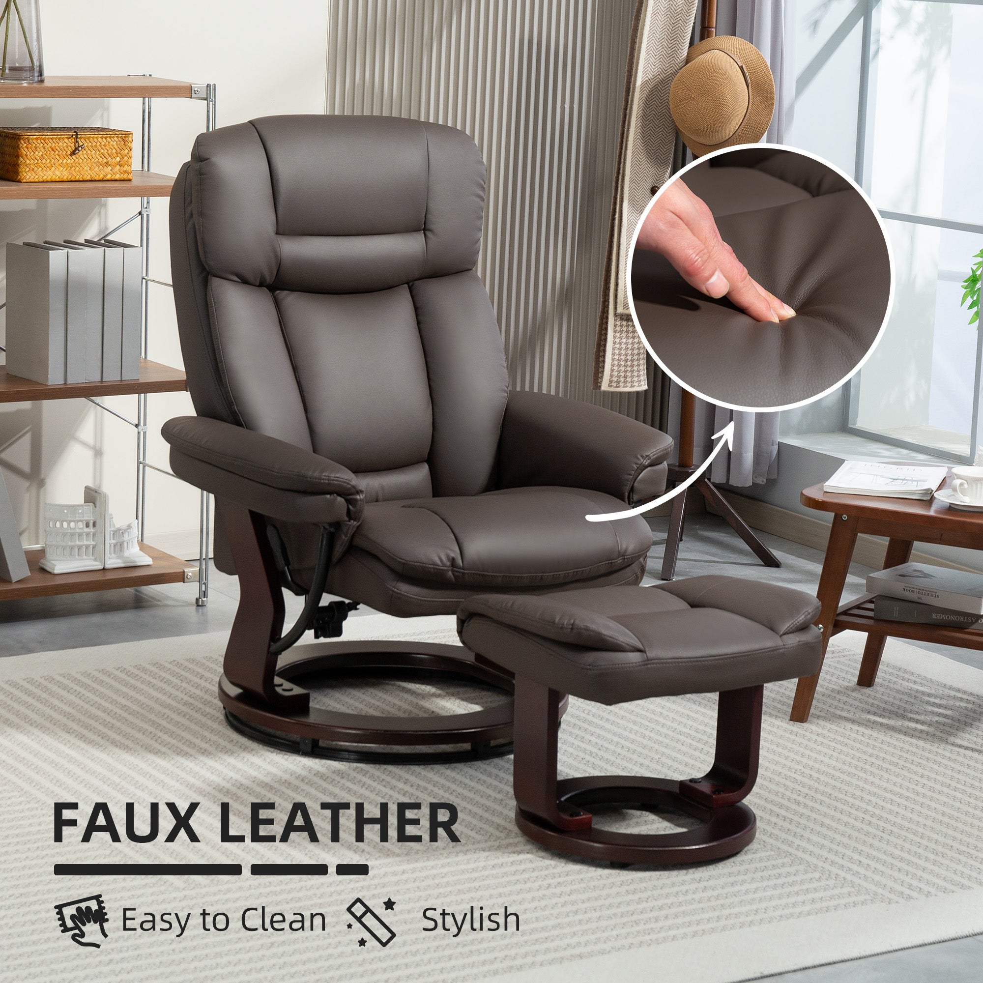 Swivel Recliner Chair with Ottoman, PU Leather Recliner with Adjustable Backrest, Footrest, Wood Base, Upholstered Reclining Chair for Living Room, Bedroom, Office, Dark Brown