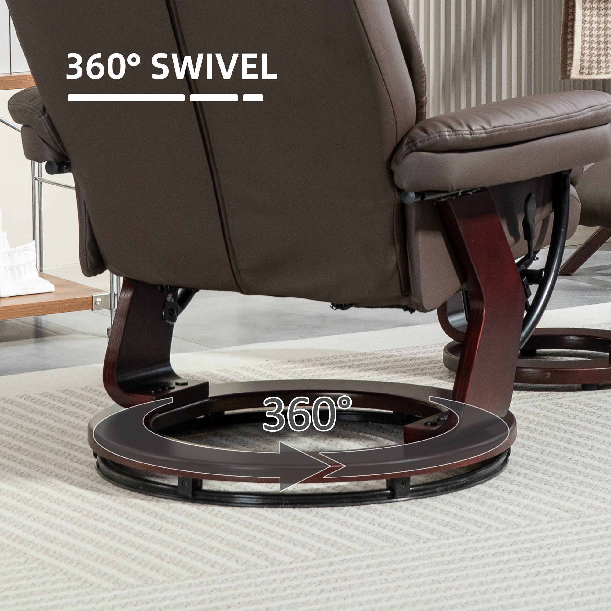 Swivel Recliner Chair with Ottoman, PU Leather Recliner with Adjustable Backrest, Footrest, Wood Base, Upholstered Reclining Chair for Living Room, Bedroom, Office, Dark Brown
