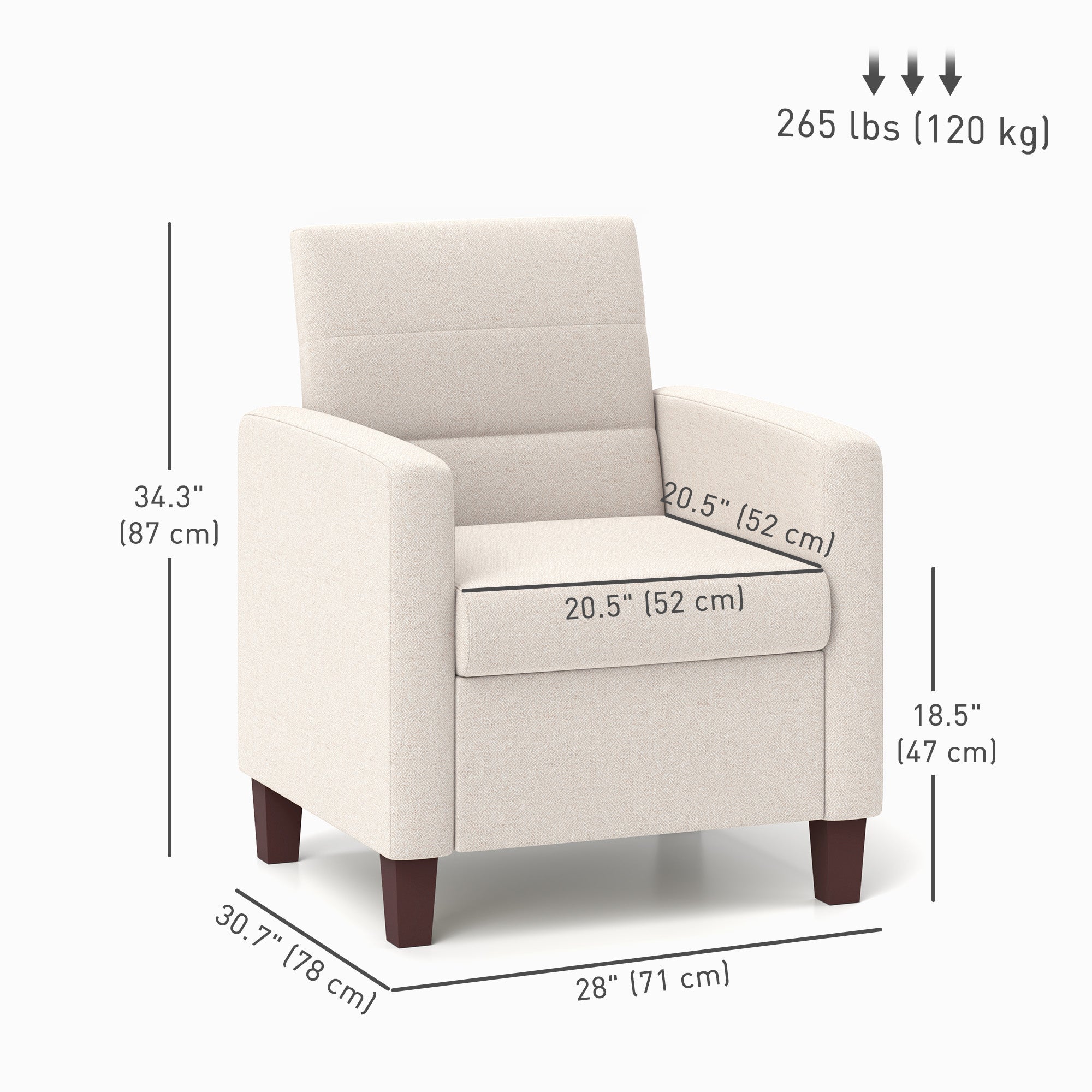 HOMCOM Modern Armchair, Fabric Accent Chair with Seat Cushion and Non-Slip Pads for Living Room, Bedroom, Cream White