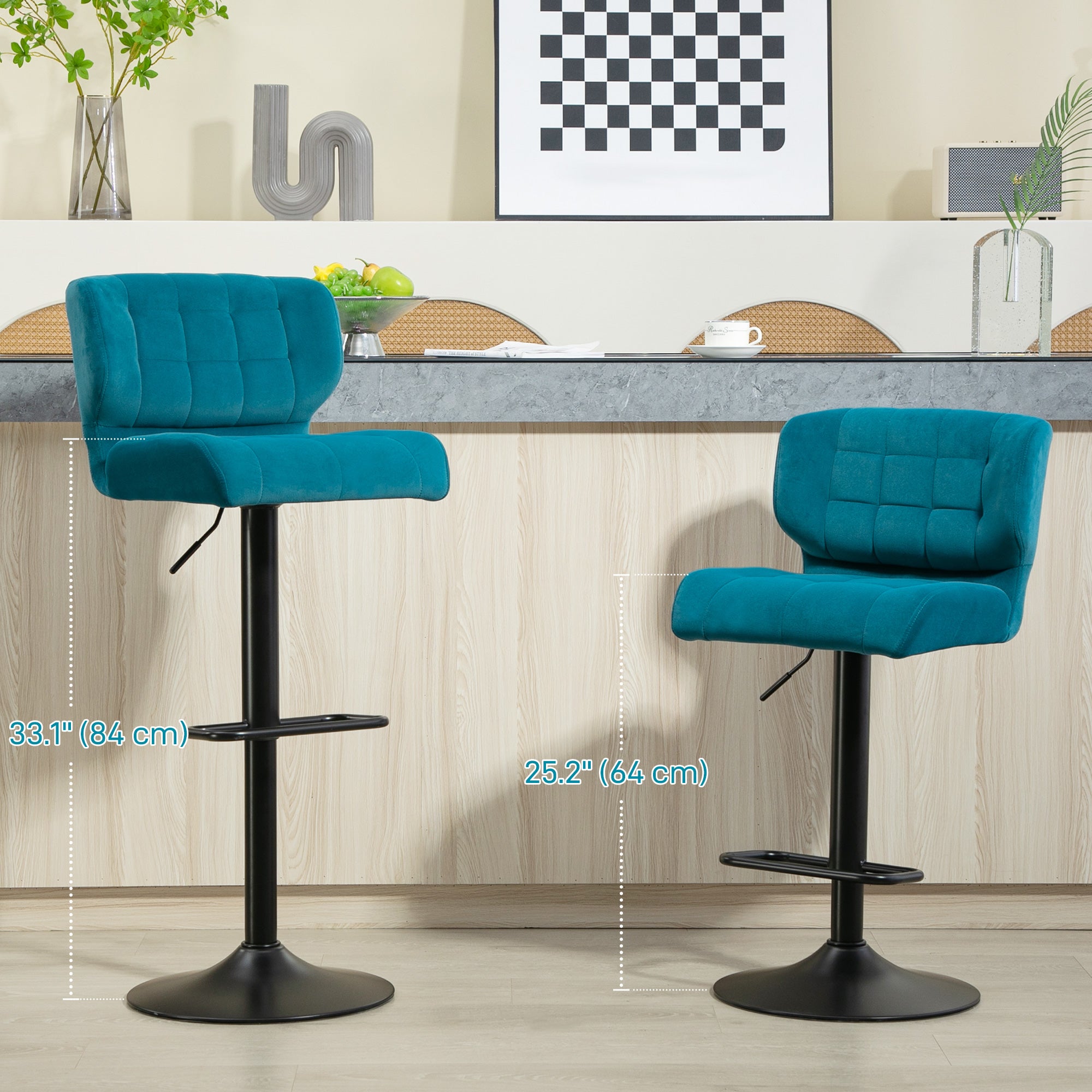 HOMCOM Adjustable Bar Stools Set of 2, Swivel Tufted Velvet Fabric Barstools with Footrest and Back, Bar Chairs for Kitchen Counter and Dining Room, Blue