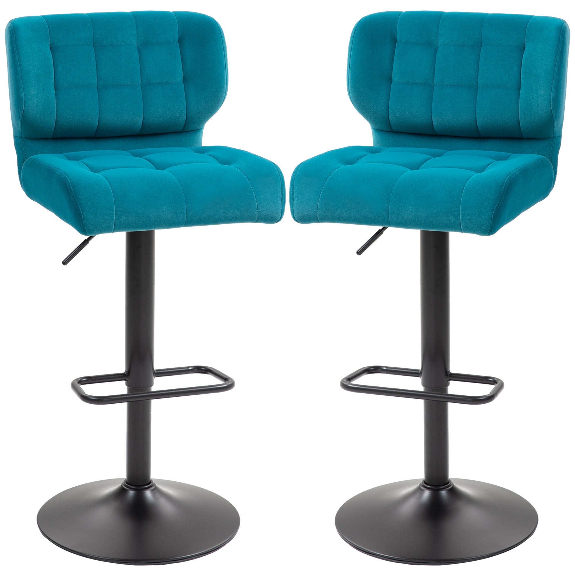 HOMCOM Adjustable Bar Stools Set of 2, Swivel Tufted Velvet Fabric Barstools with Footrest and Back, Bar Chairs for Kitchen Counter and Dining Room, Blue