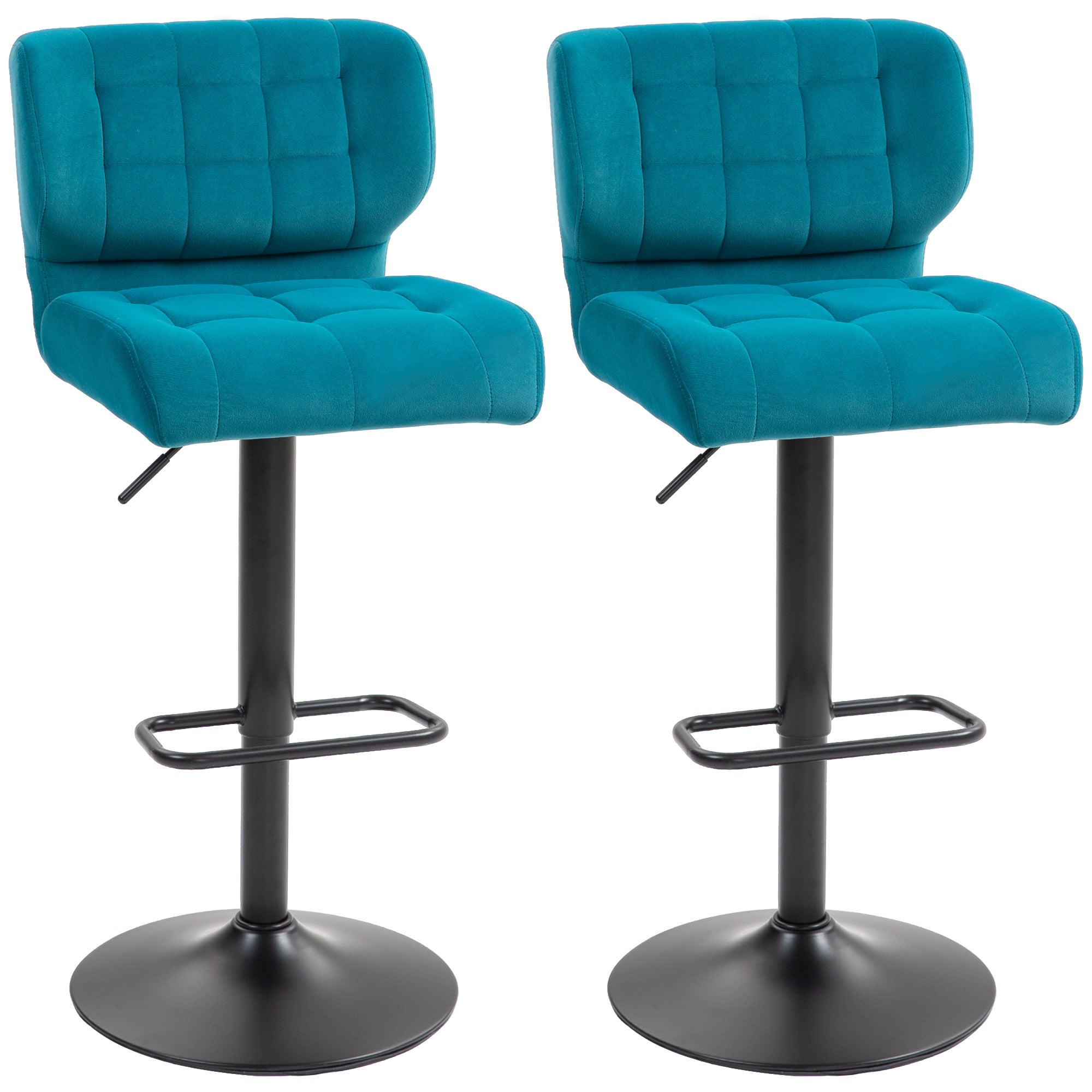 HOMCOM Adjustable Bar Stools Set of 2, Swivel Tufted Velvet Fabric Barstools with Footrest and Back, Bar Chairs for Kitchen Counter and Dining Room, Blue