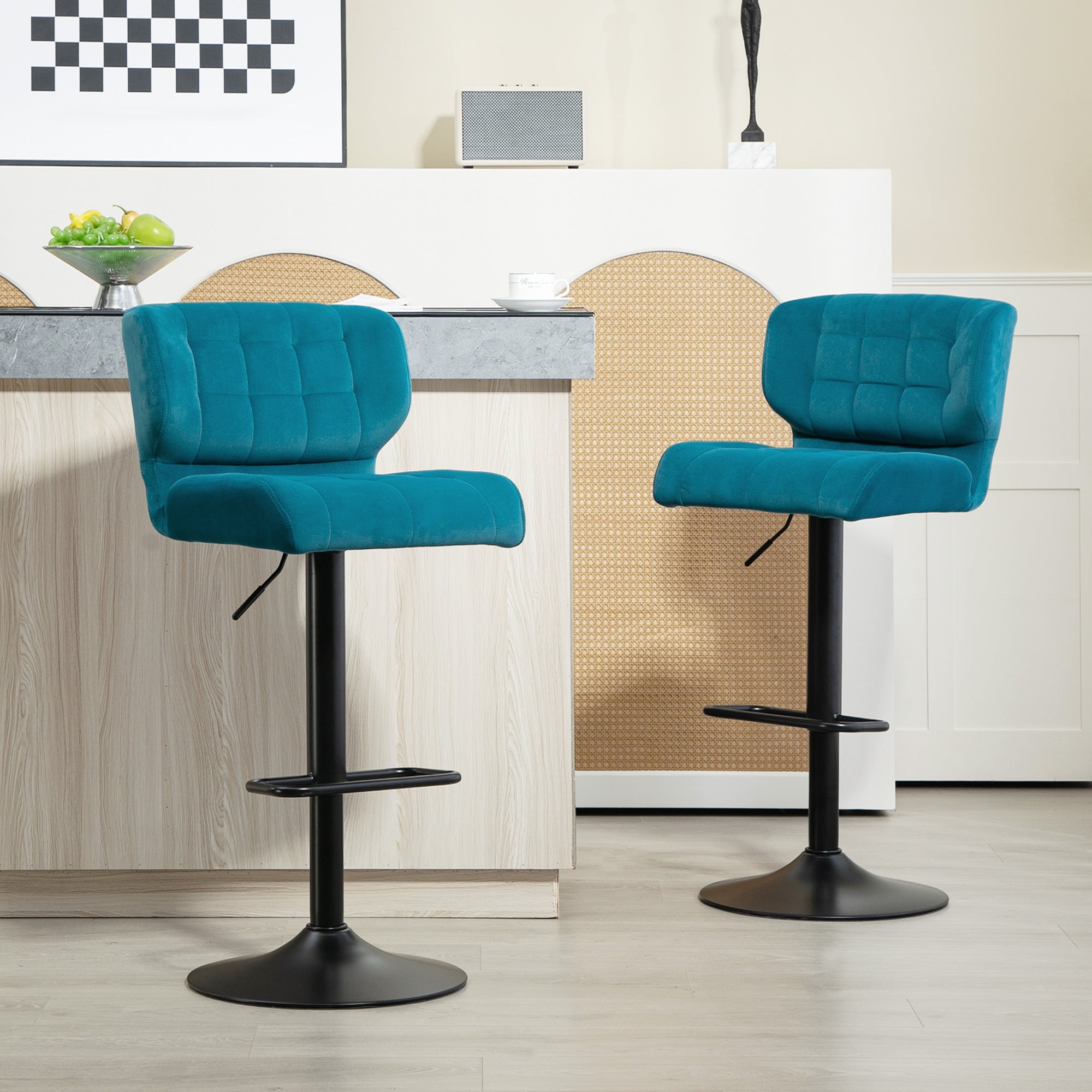 HOMCOM Adjustable Bar Stools Set of 2, Swivel Tufted Velvet Fabric Barstools with Footrest and Back, Bar Chairs for Kitchen Counter and Dining Room, Blue