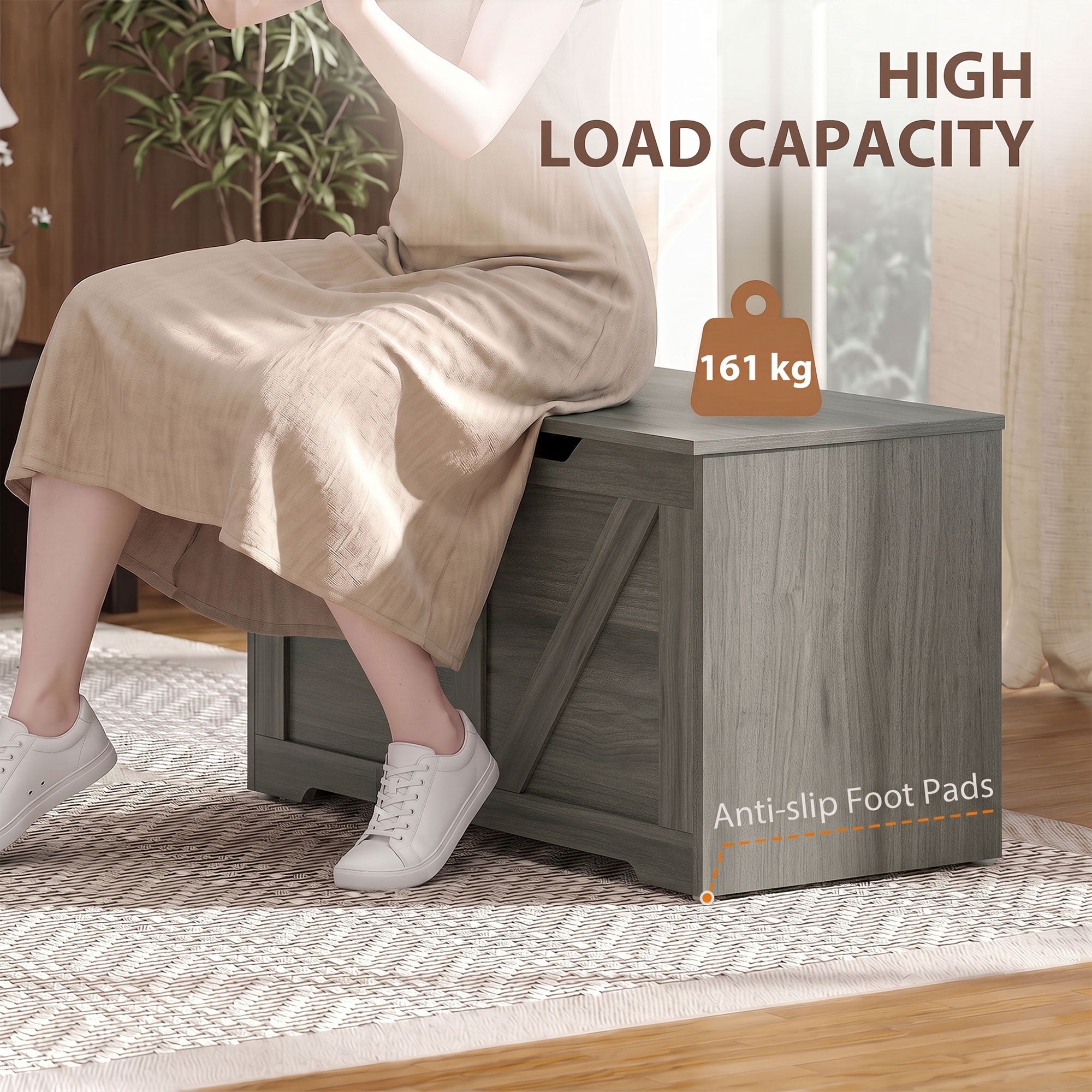 100L Storage Chest, Shoe Storage Trunk Bench Box with Safety Hinge and U-shaped Cut-out Pull, Blanket Box Ottoman for Bedroom, Living Room, Entryway, 80 x 40 x 45 cm, Dark Grey Wood-Effect