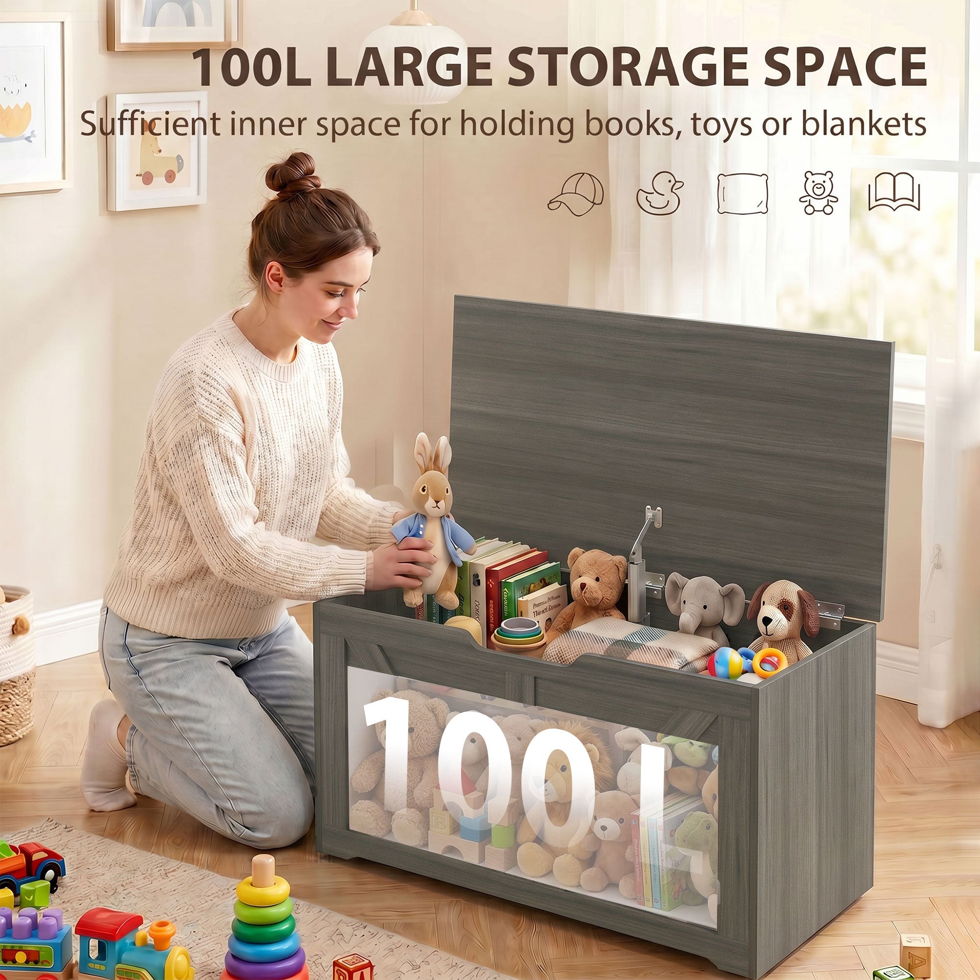 100L Storage Chest, Shoe Storage Trunk Bench Box with Safety Hinge and U-shaped Cut-out Pull, Blanket Box Ottoman for Bedroom, Living Room, Entryway, 80 x 40 x 45 cm, Dark Grey Wood-Effect