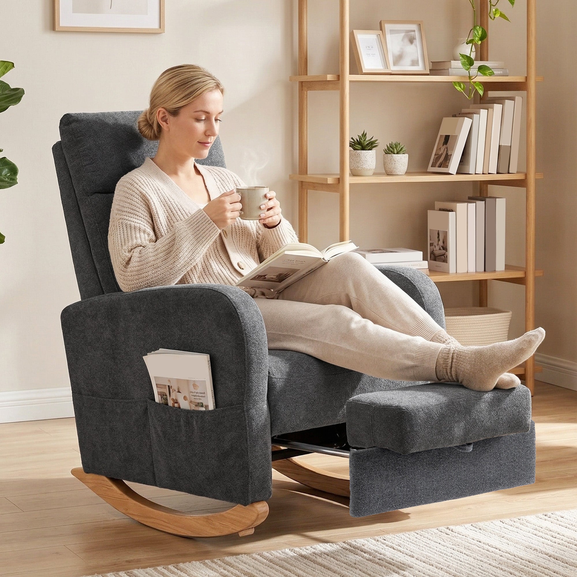 Upholstered Rocking Chair with Retractable Footrest, Modern Armchair with High Back, Plywood Frame and Rubberwood Feet for Living Room, Bedroom, Grey