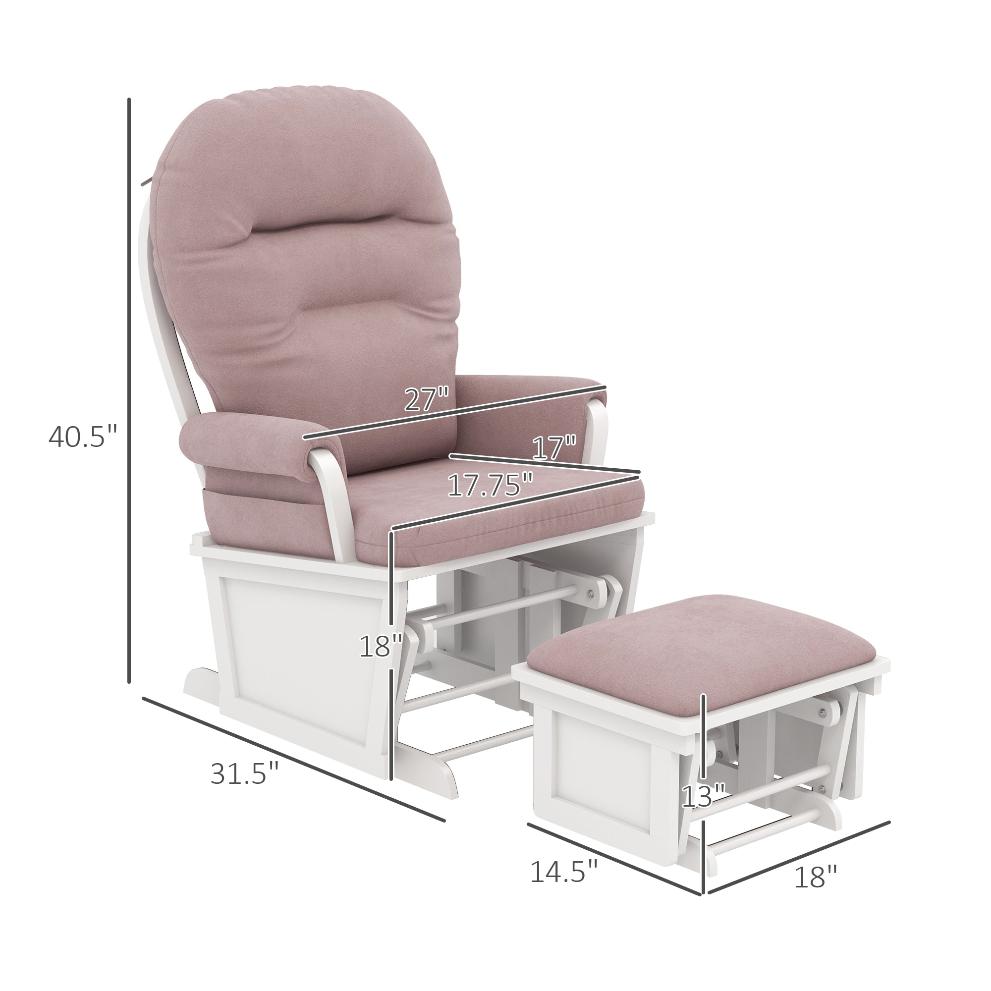 Rocking Chair Set with Ottoman Nursery Glider Rocker with Footrest Padded Cushion Seating Pink