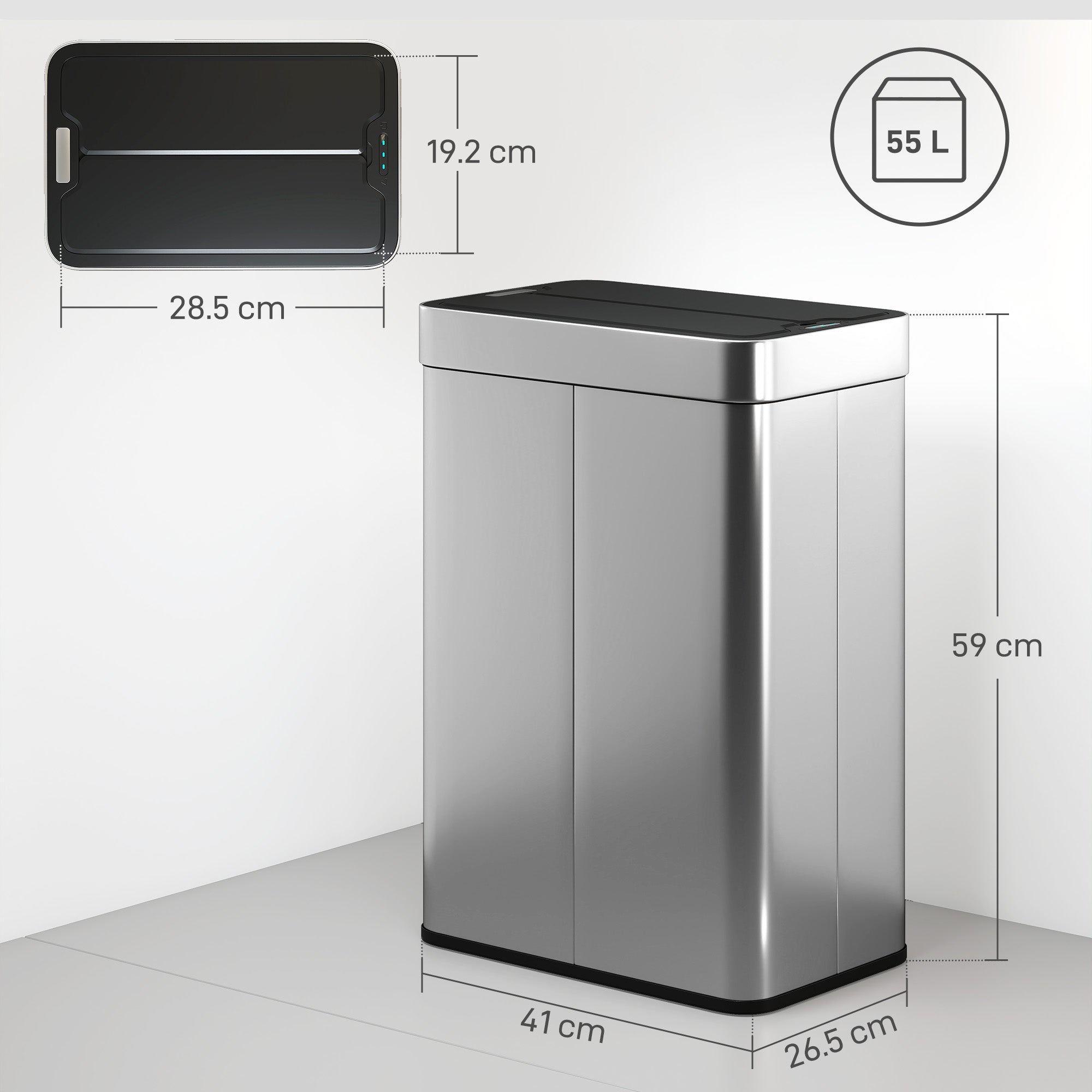 55L Sensor Bin, Large Automatic Touchless Rubbish Bin with Soft-Close Lid, Fingerprint-Proof Stainless Steel, Rectangular Trash Can for Kitchen, Gym, Home Office, Silver Tone