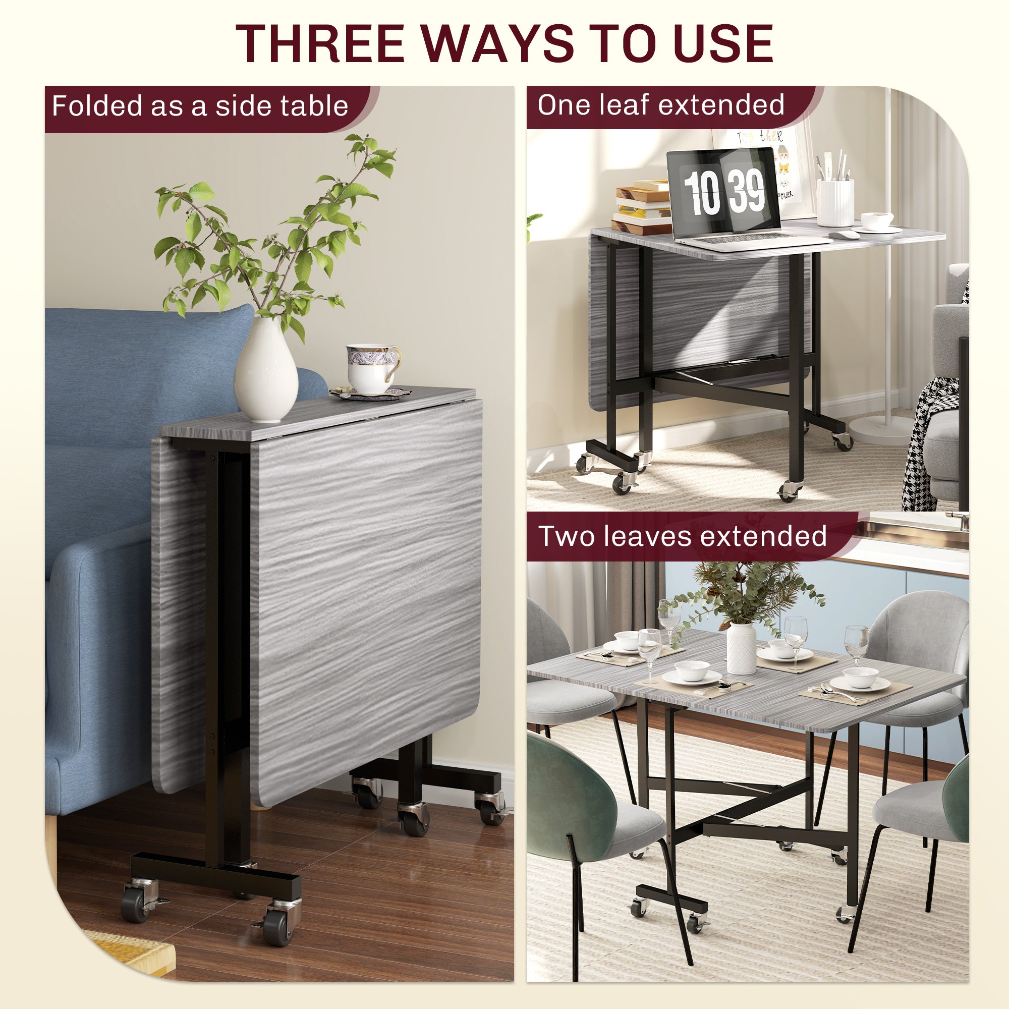 Mobile Drop Leaf Table, Folding Dining Table with 6 Wheels & Brakes, Kitchen Table for Small Spaces, Grey