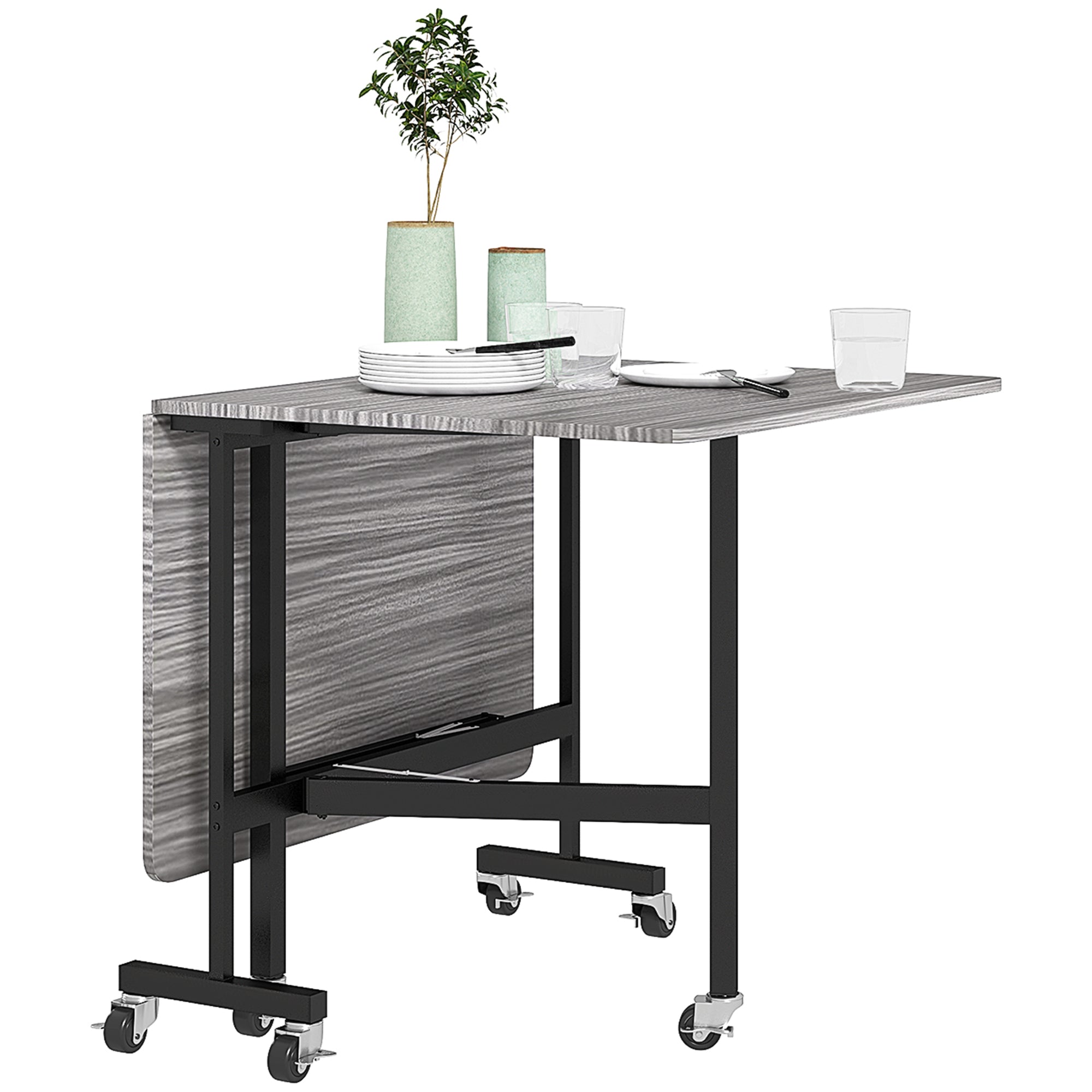 Mobile Drop Leaf Table, Folding Dining Table with 6 Wheels & Brakes, Kitchen Table for Small Spaces, Grey