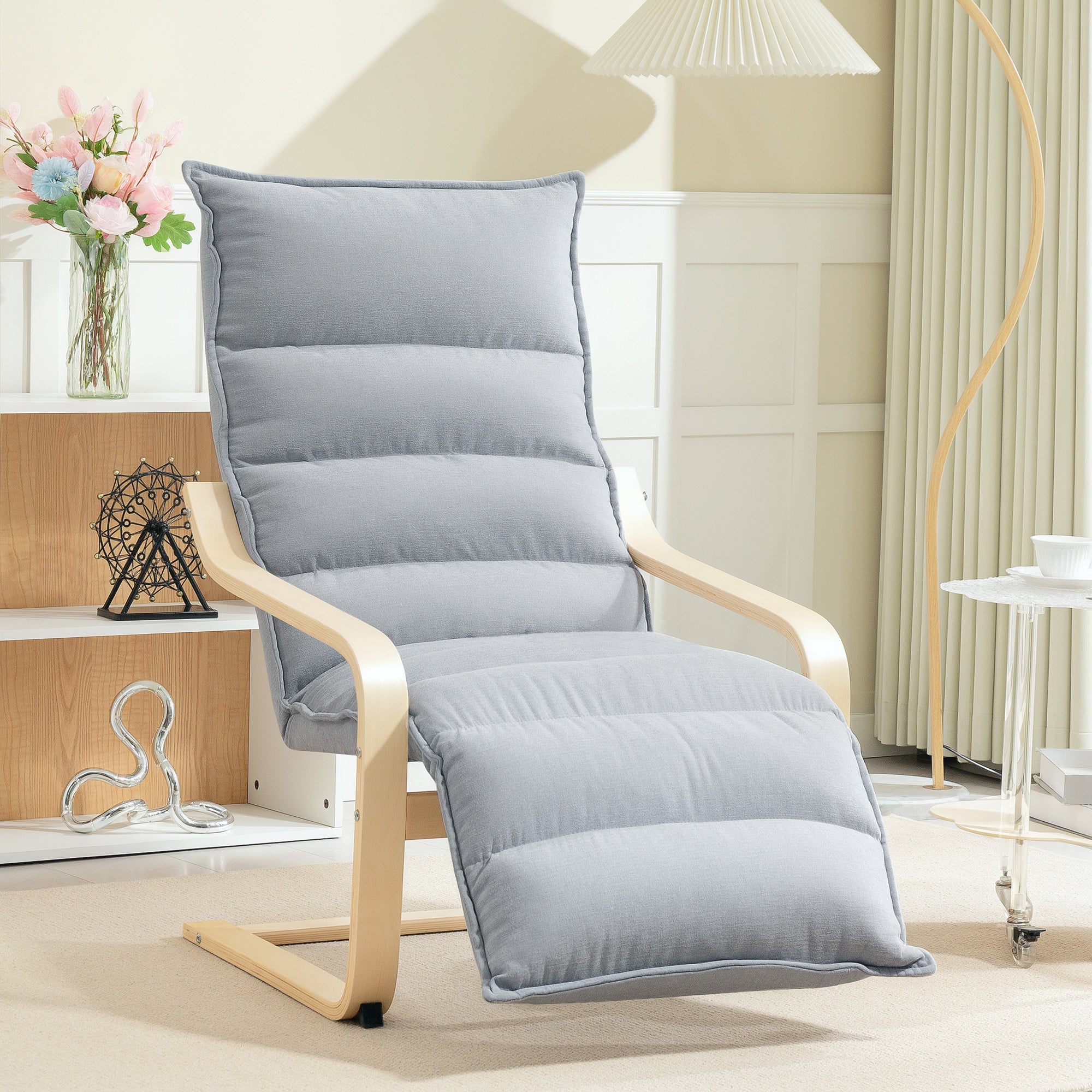 Modern Accent Chair, Velvet Upholstered Living Room Chair with Footrest, Wood Frame, Comfy Armchair for Bedroom, Balcony, Light Grey