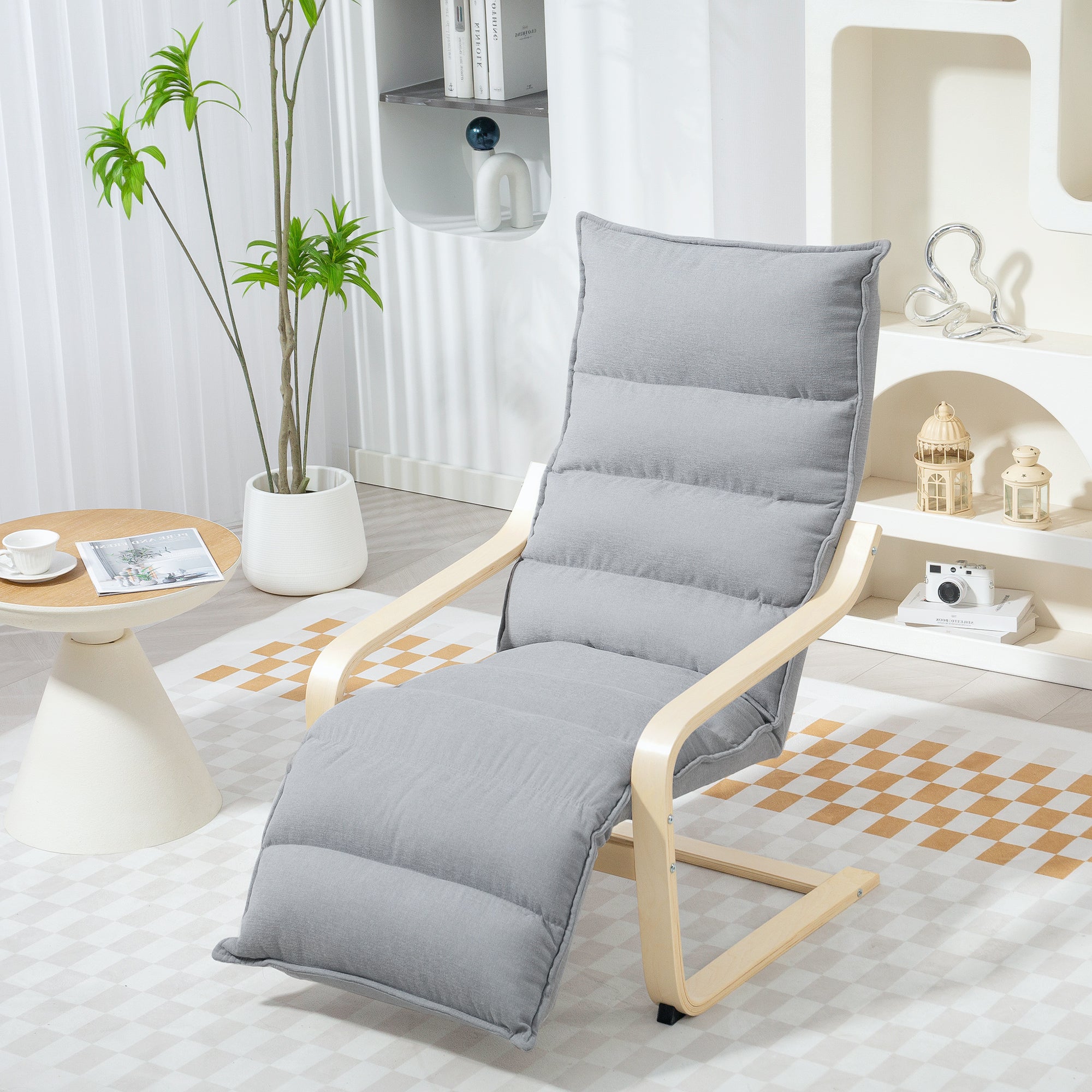 Modern Accent Chair, Velvet Upholstered Living Room Chair with Footrest, Wood Frame, Comfy Armchair for Bedroom, Balcony, Light Grey