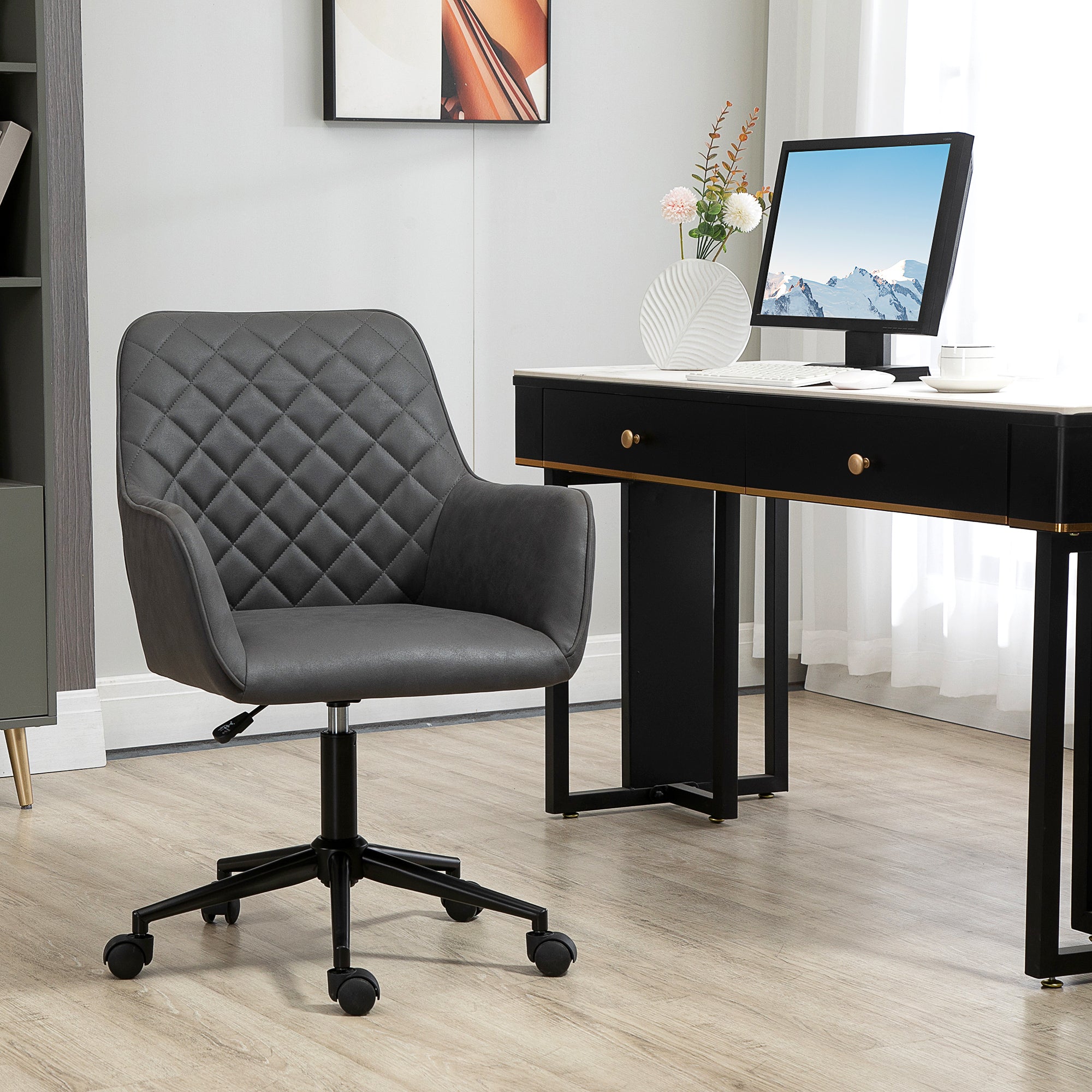 Vinsetto Office Desk Chair, Leather-Feel Fabric Computer Swivel Chair with Rolling Wheels and Adjustable Height for Home, Grey