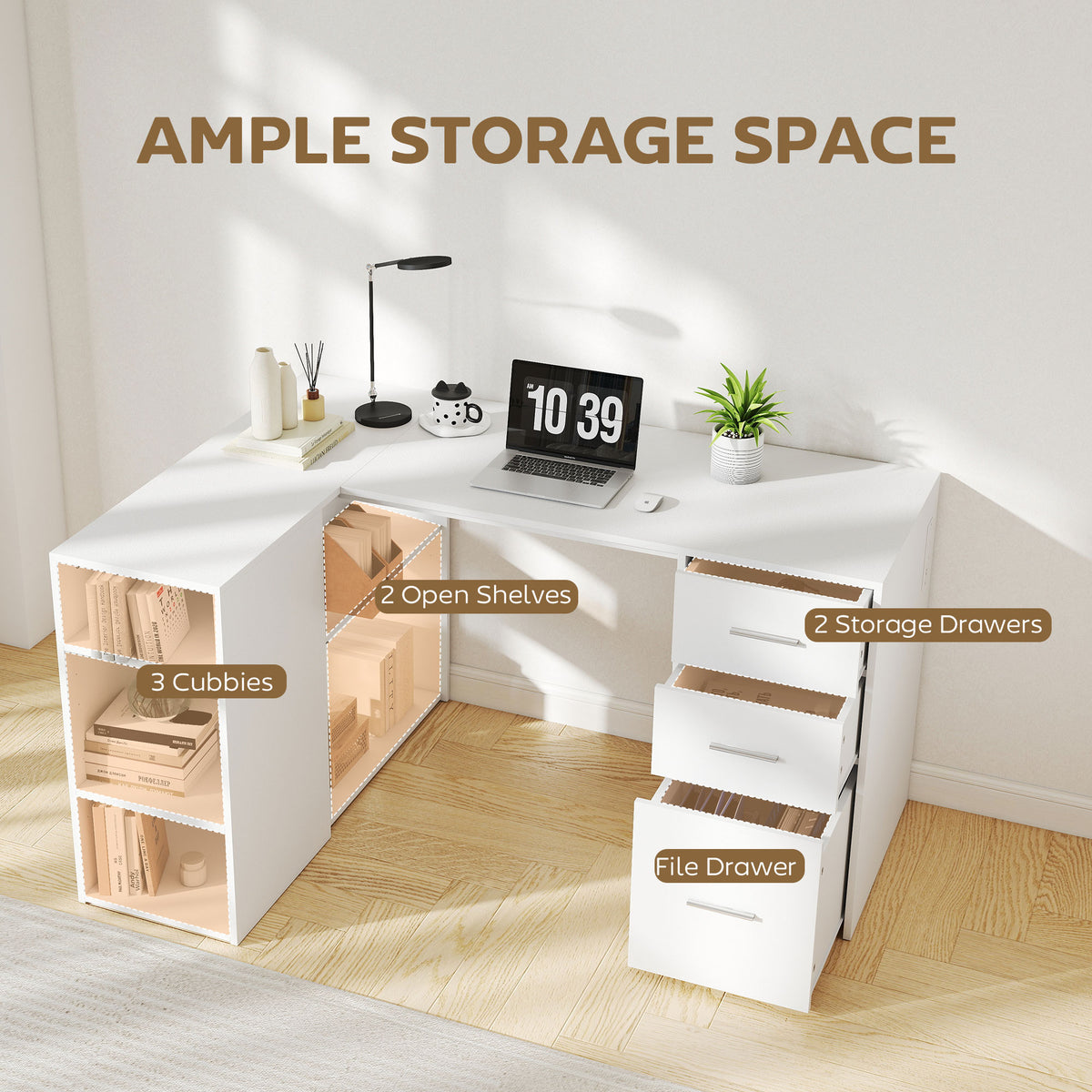 L Shaped Desk, 55" Corner Computer Desk with Power Outlets, File Drawer, 2 Drawers, Home Office Writing Table Workstation with Adjustable Storage Shelves for Study, White