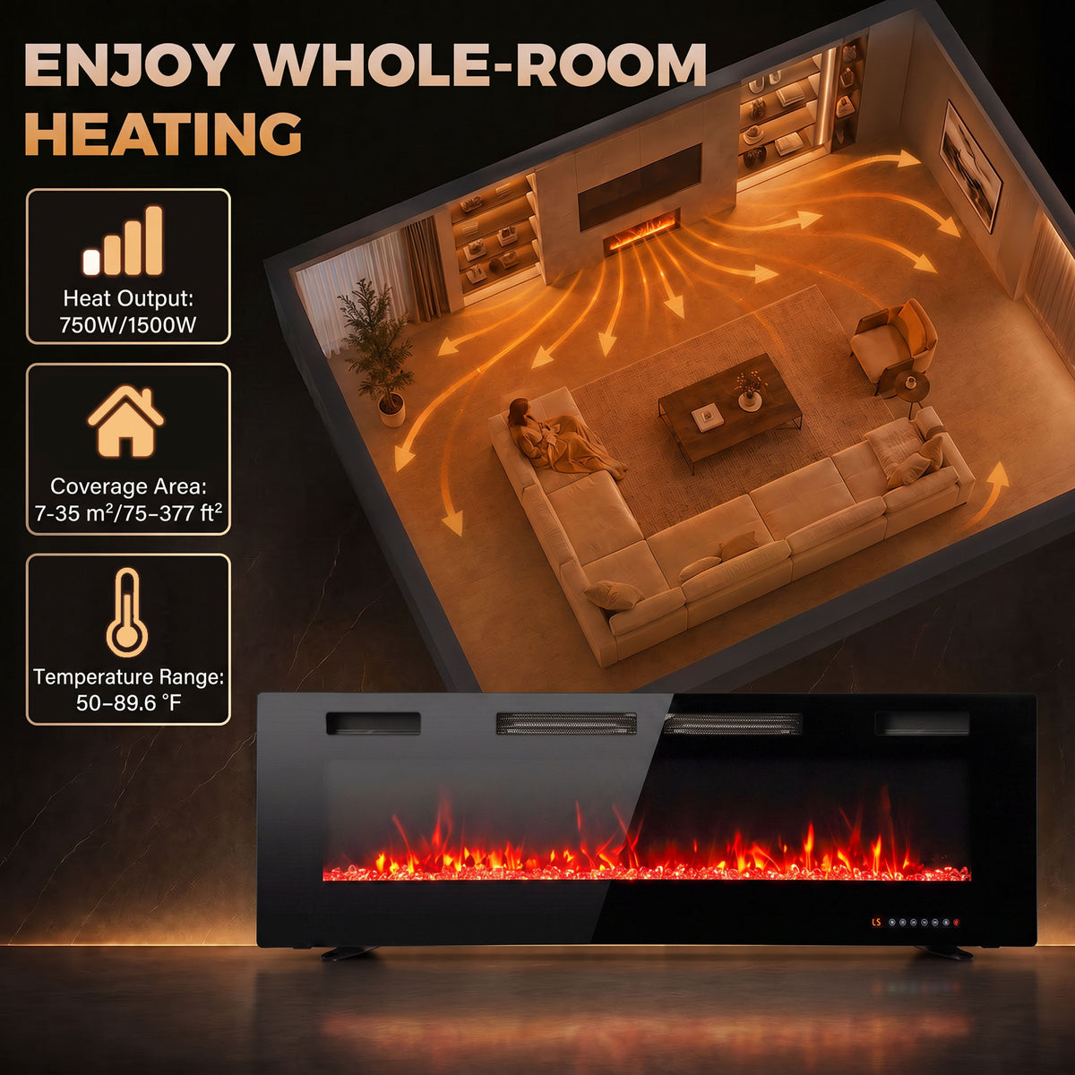 60\" Electric Fireplace Insert, Ultra-Thin Recessed, Wall Mounted and Freestanding Fireplace w/ Flame Effect, Adjustable Brightness, Crystal Stone, Remote, 750W/1500W, Black