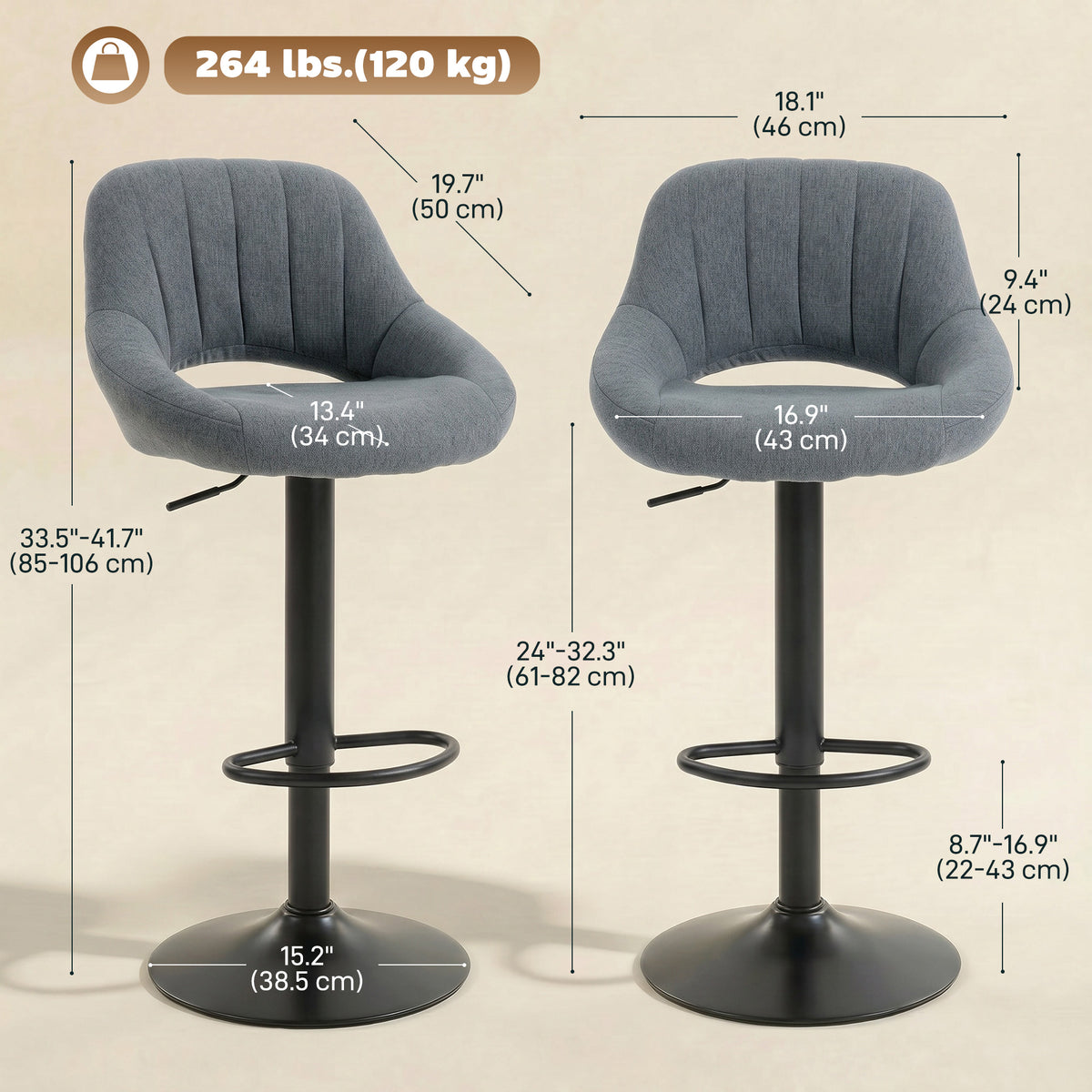 Bar Stools Set of 2, Swivel Counter Height Barstools with Adjustable Height and Cutout Back, Linen Upholstered Bar Chairs with Round Metal Base and Footrest, Dark Grey