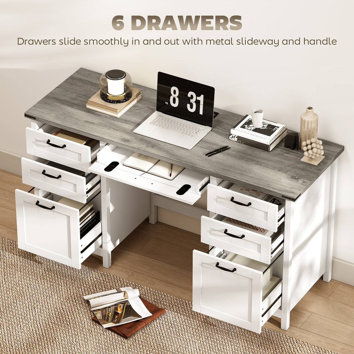 Farmhouse 57" Executive Desk with 7 Drawers, Computer Desk with Power Outlets & USB Charging, Hanging Bar for A4 and Letter, Home Office, Study, Grey Brown and White
