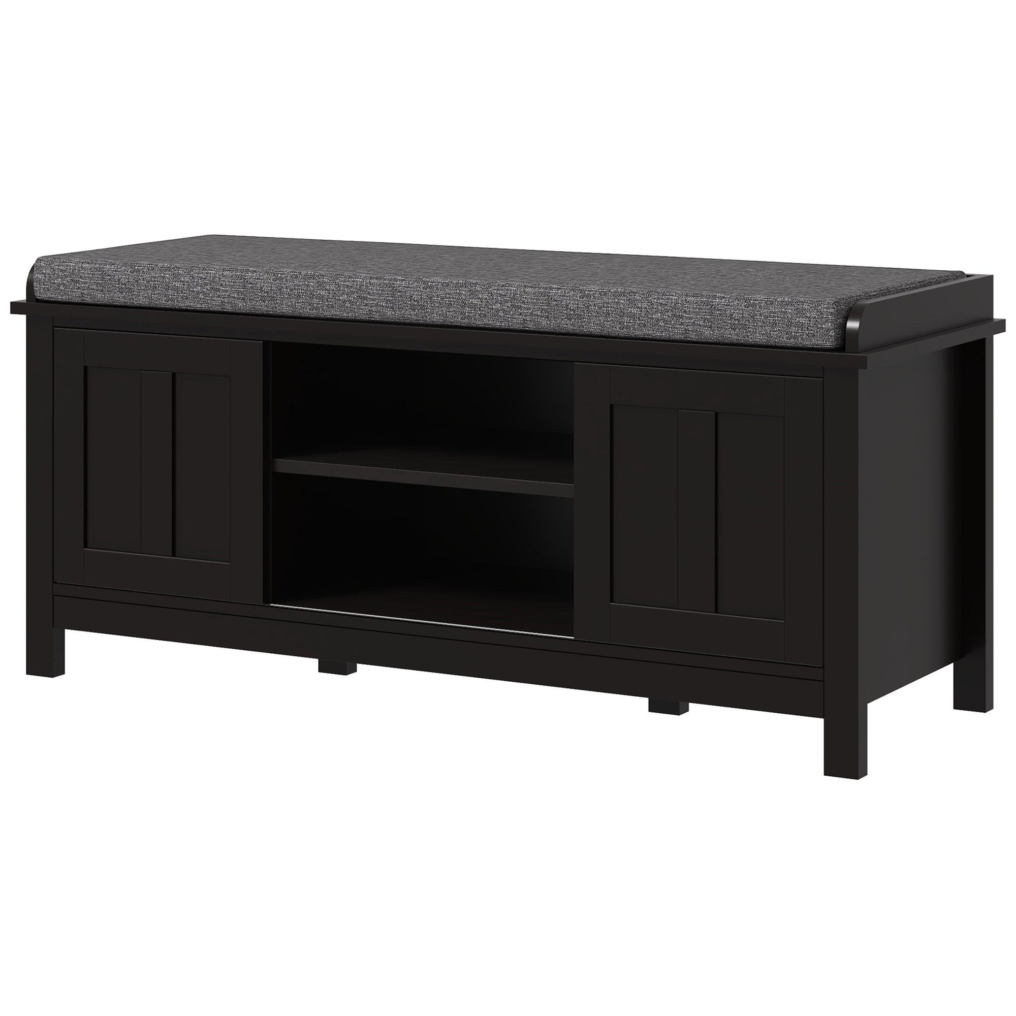 Modern Shoe Storage Bench Entry Way Bench with Cushion 2 Sliding Doors Holds 10 Pairs Black