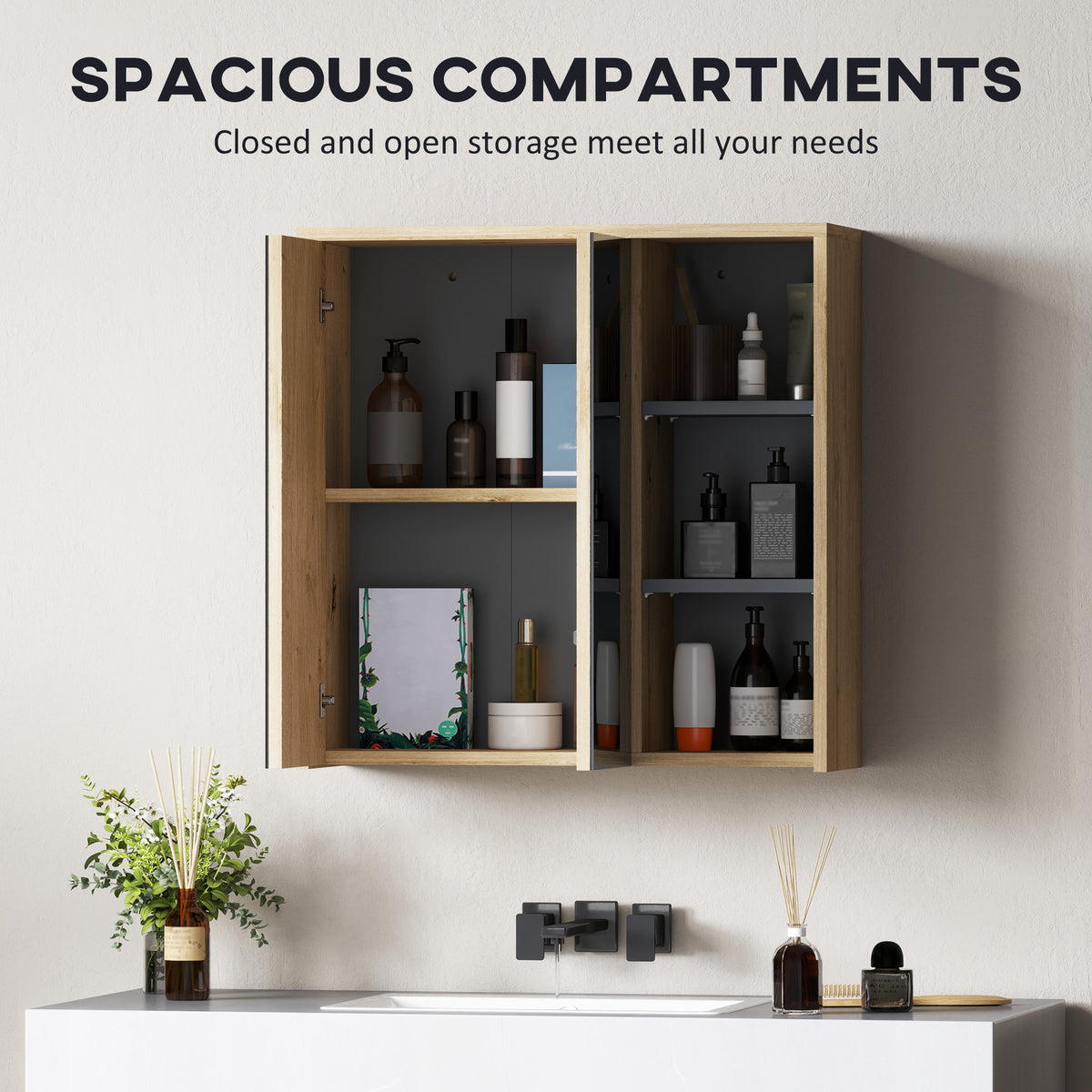 Bathroom Medicine Cabinet with Mirror, Wall Mount Mirror Cabinet with Open Shelves, 2 Soft-Close Doors, Bathroom Storage Organizer, Natural