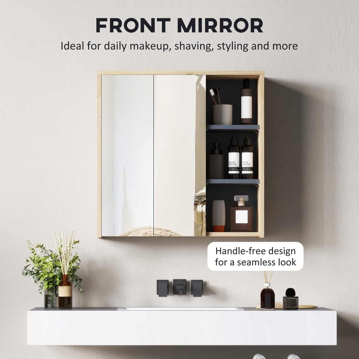 Bathroom Medicine Cabinet with Mirror, Wall Mount Mirror Cabinet with Open Shelves, 2 Soft-Close Doors, Bathroom Storage Organizer, Natural